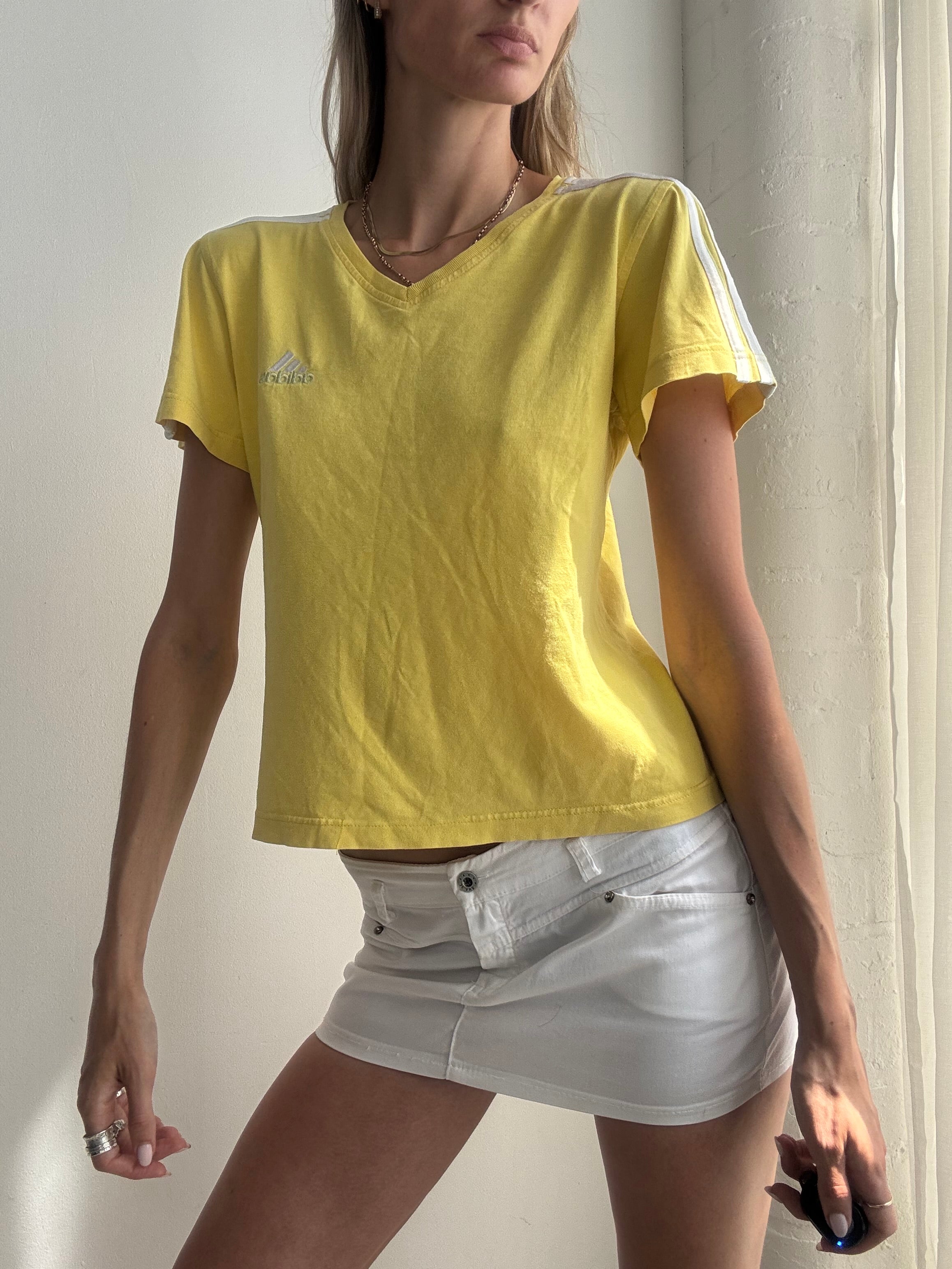 Vintage Y2K Adidas Yellow V-Neck Tee Top - Size L