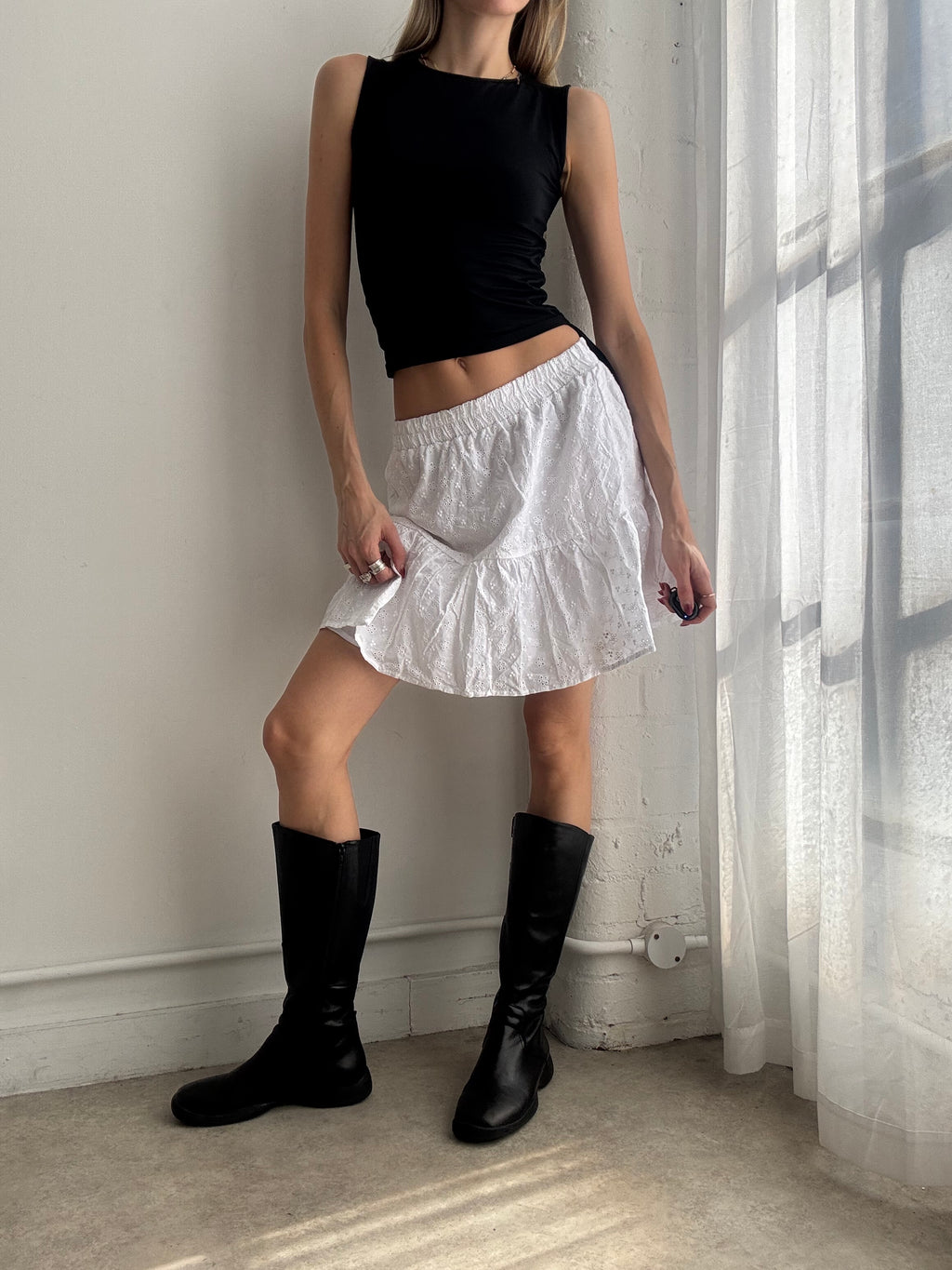 Vintage Y2K white broderie angliase ruffle mini skirt