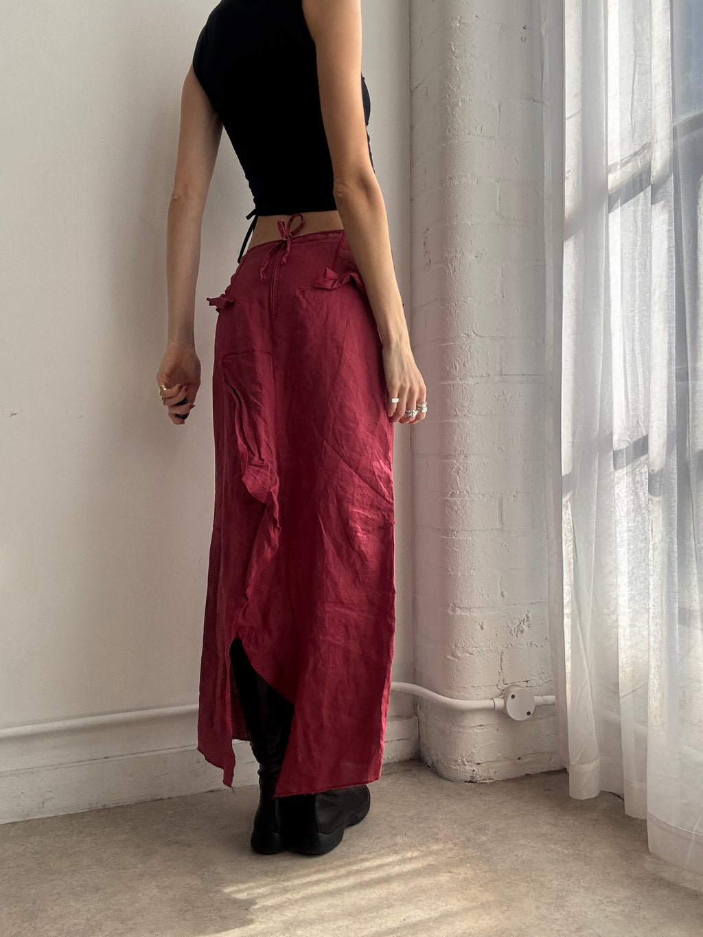 Vintage Y2K red linen ruffle maxi skirt
