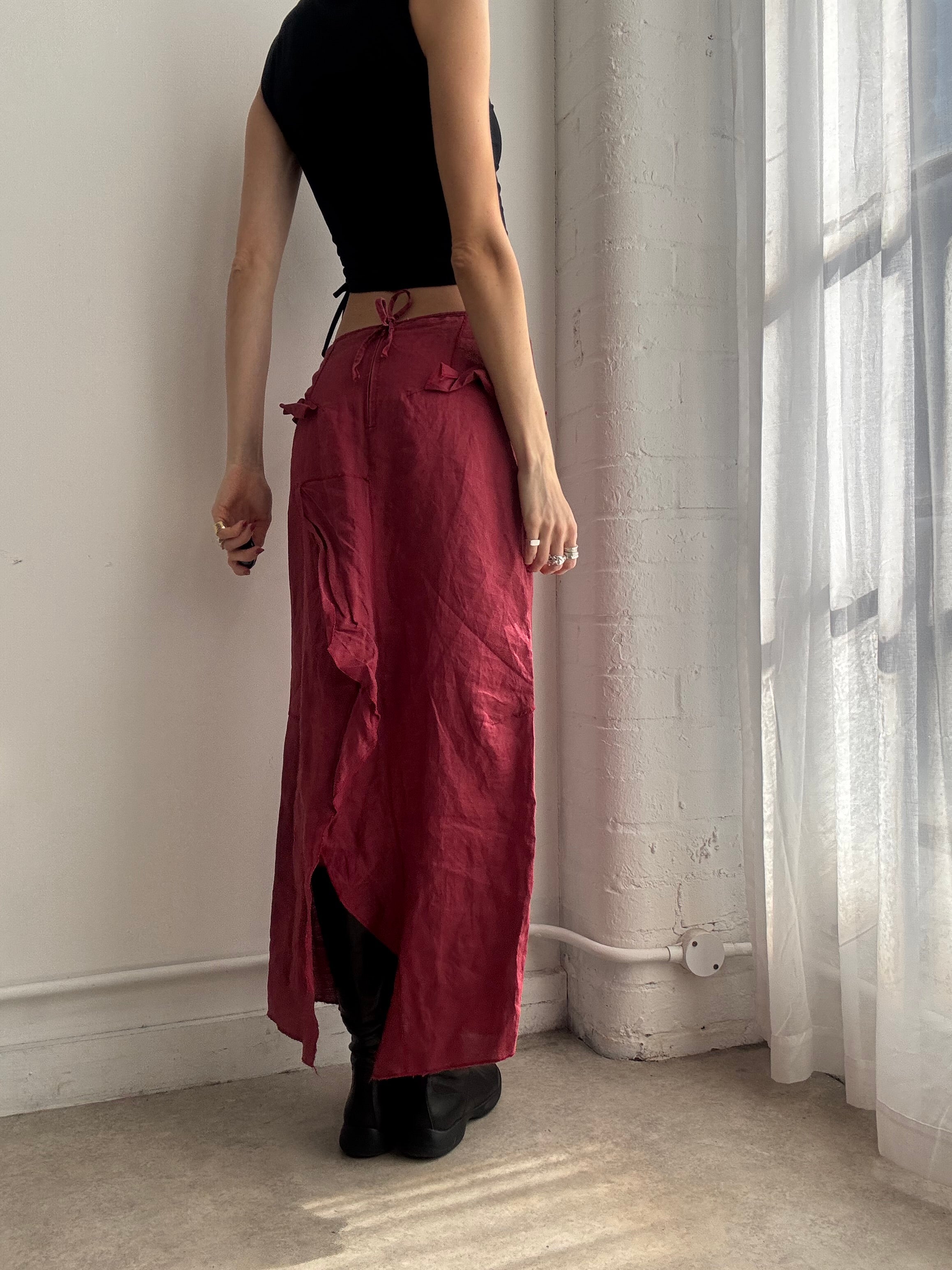 Vintage Y2K red linen ruffle maxi skirt