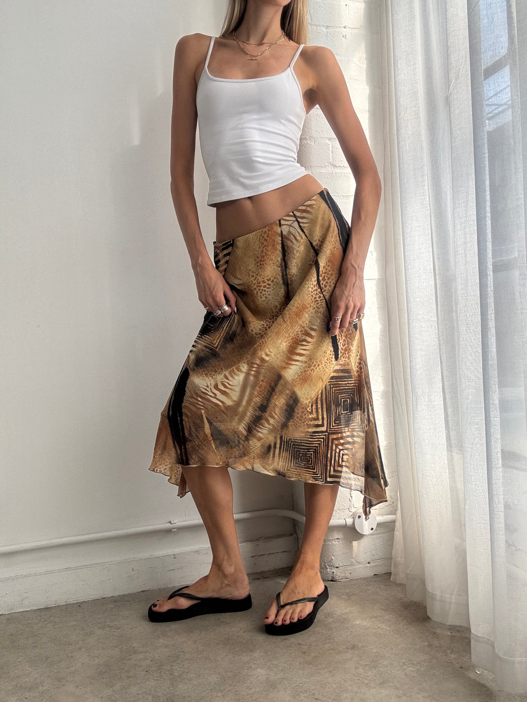 Vintage Y2K Gold Abstract Animal Print Bias Cut Mesh Midi Skirt - Size S/M