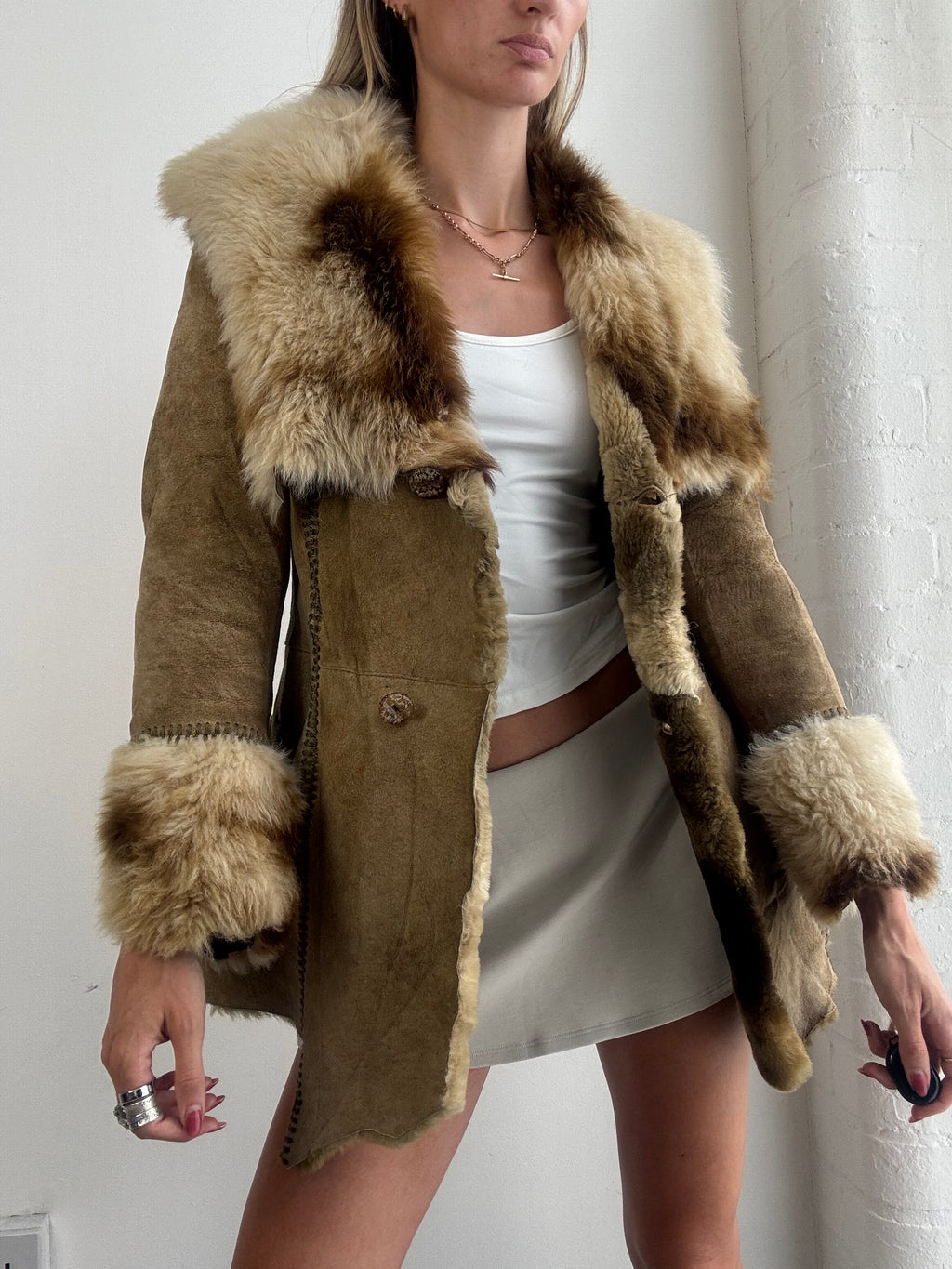 Vintage Y2K Tan Suede Fur Trim Afghan Shearling Coat - Size S