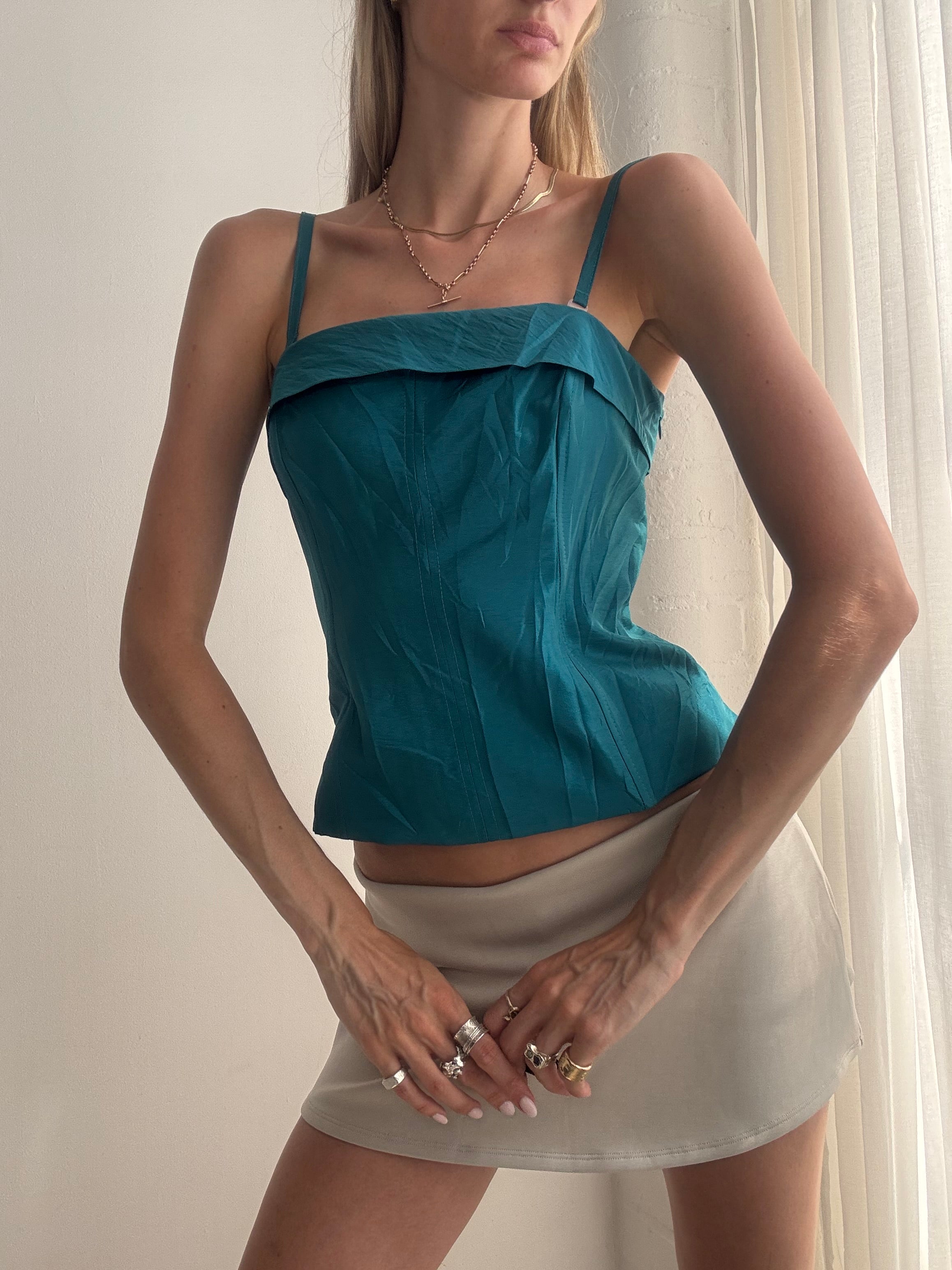Vintage Y2K Teal Lace-Up Corset Cami Top - Size XS/S