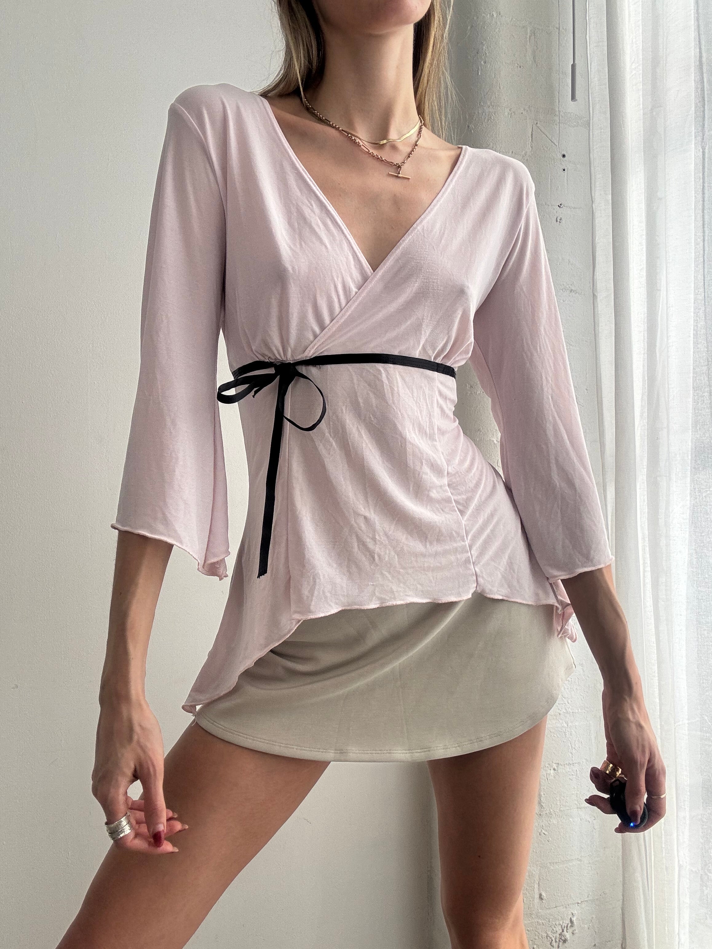 Vintage Y2K blush pink wrap tie top asymmetric