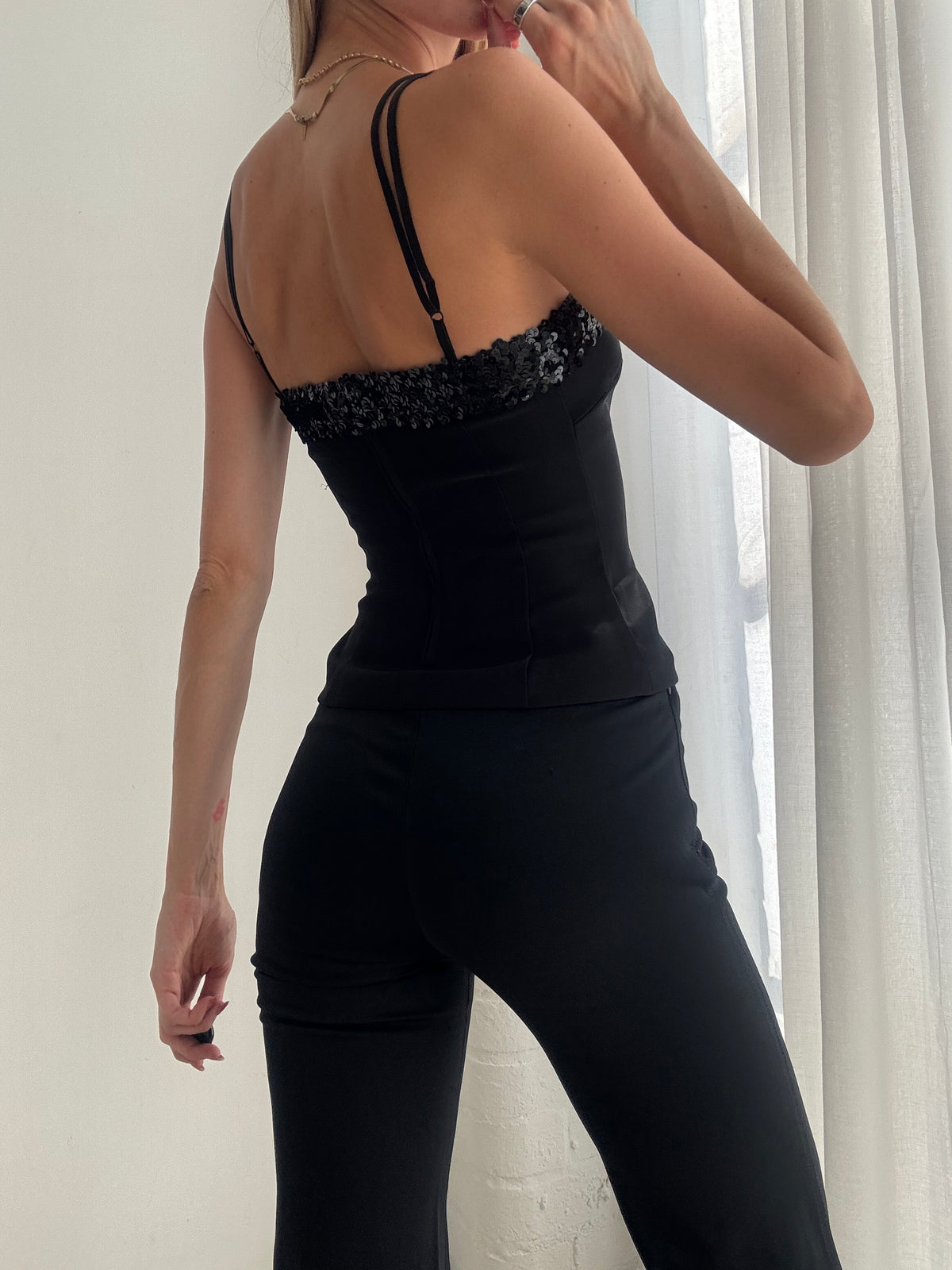 Vintage Y2K Black Sequin Trim Cami Top - Size XS