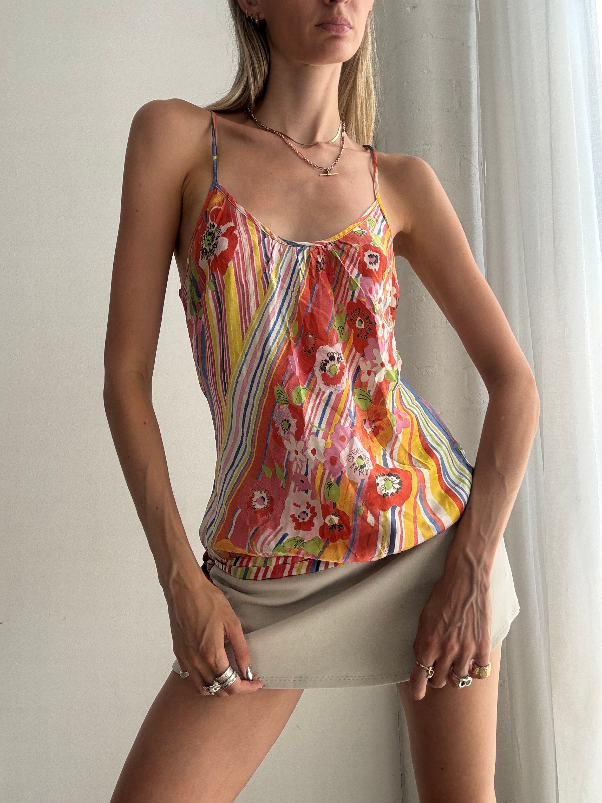 Vintage Y2K Floral Stripe Silk Cami Top – Colourful Boho Spaghetti Strap Tank - Size M