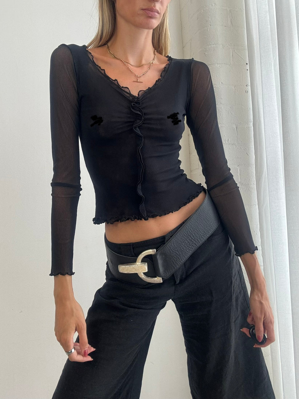 Vintage Y2K Black Sheer Mesh Ruffle Top – Size XS