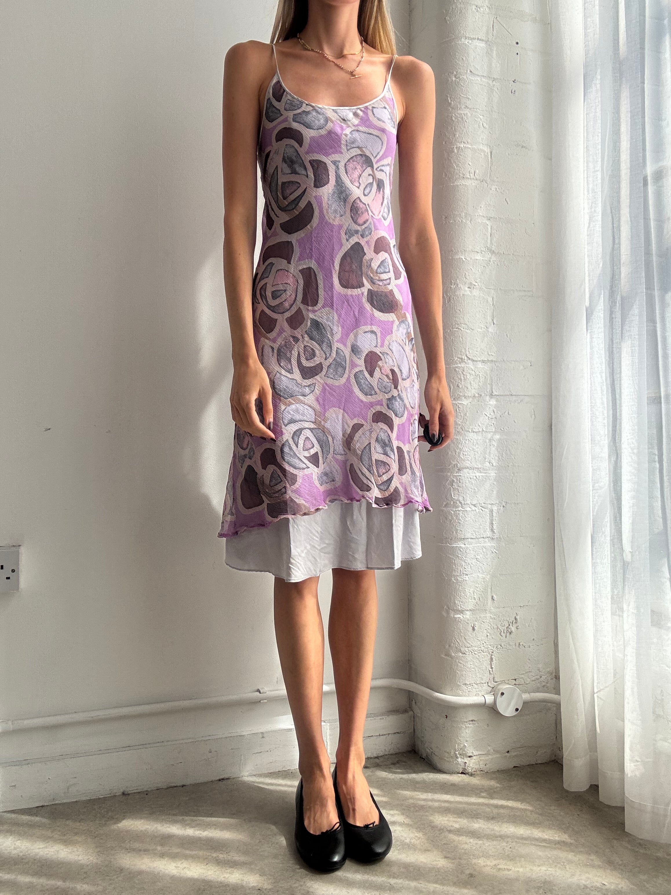 Vintage Y2K lilac silk abstract mesh slip dress - Size M