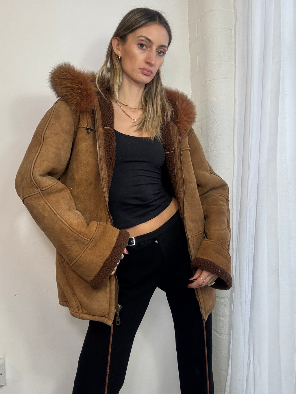 Vintage 90s brown suede hooded coat