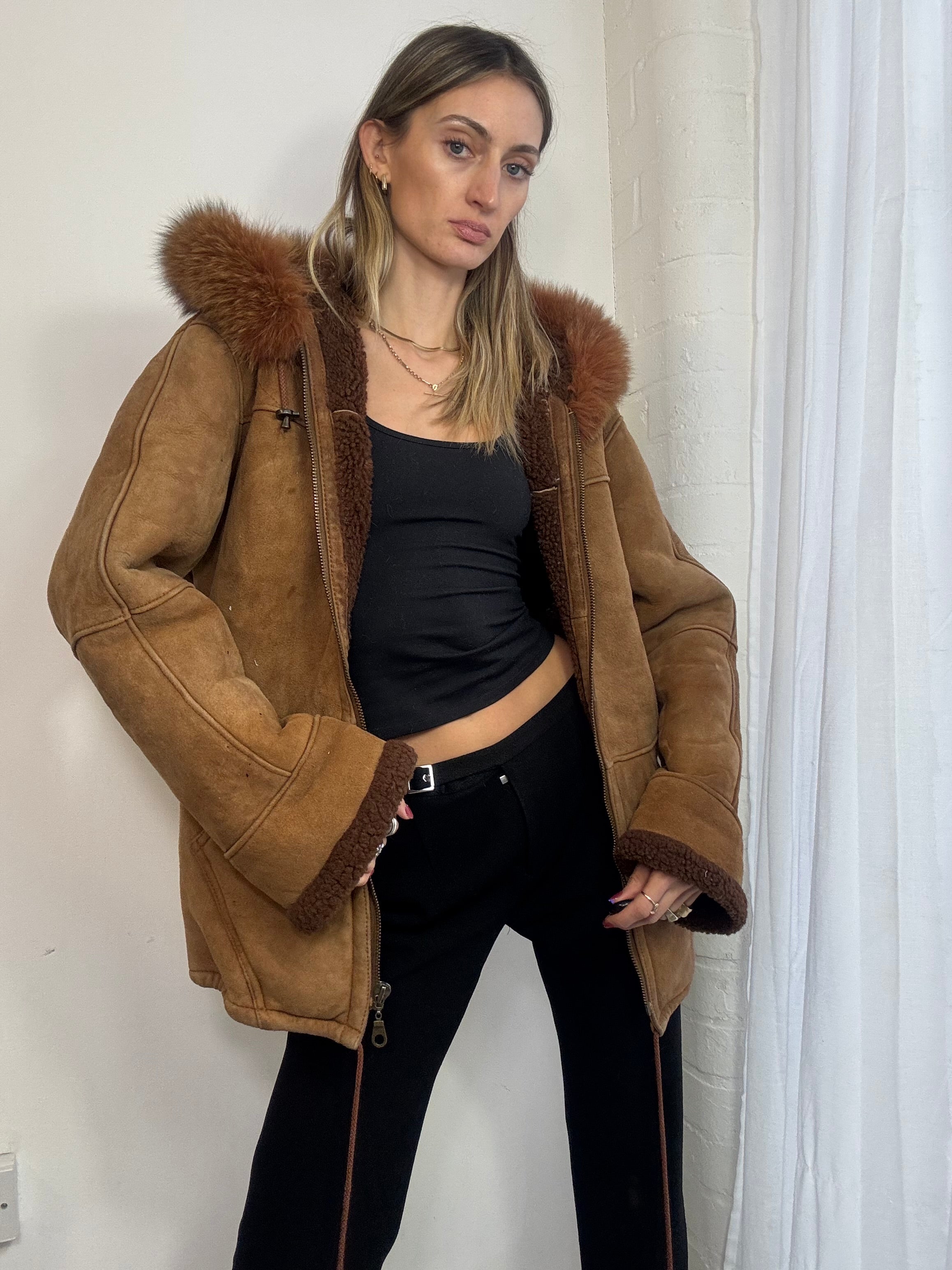 Vintage 90s brown suede hooded coat