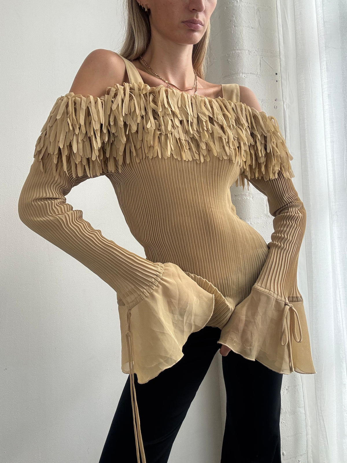 Vintage Y2K Beige Fringe Off Shoulder Bell Sleeve Mesh Top - Size L