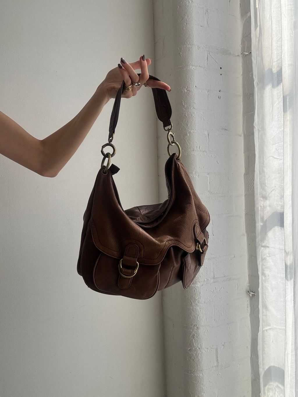 Vintage Y2K brown leather buckle slouchy shoulder bag