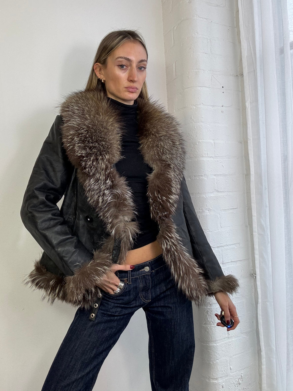 Vintage Y2K Afghan jacket black with brown fur trim