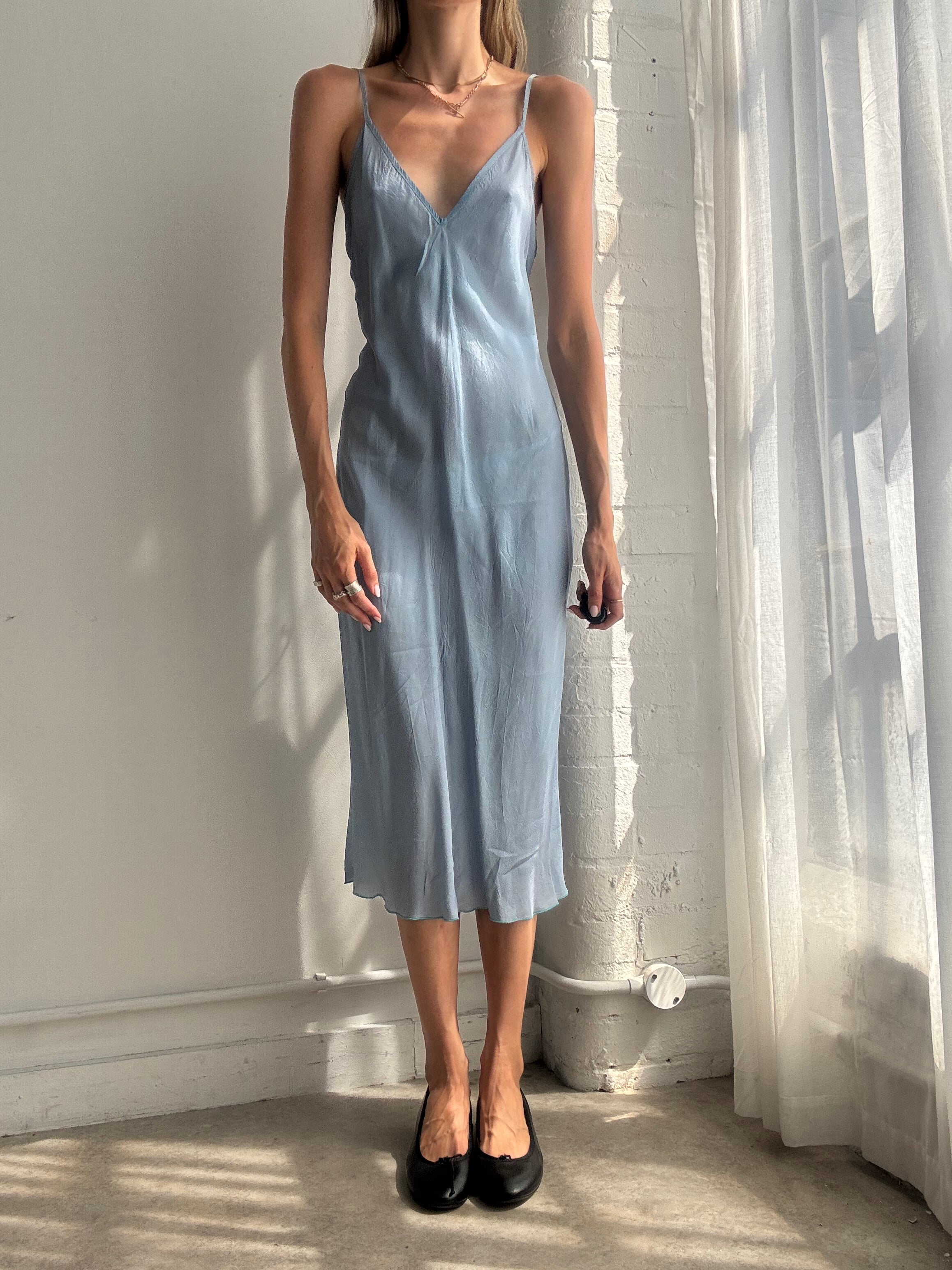 Vintage Y2K Ice Blue Satin Slip Dress - Size S