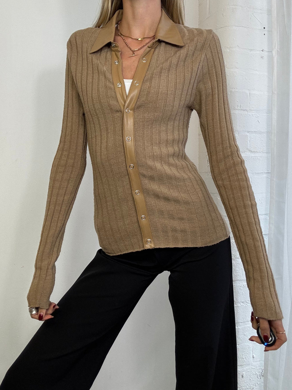 Vintage Y2K knitted jumper faux leather trim