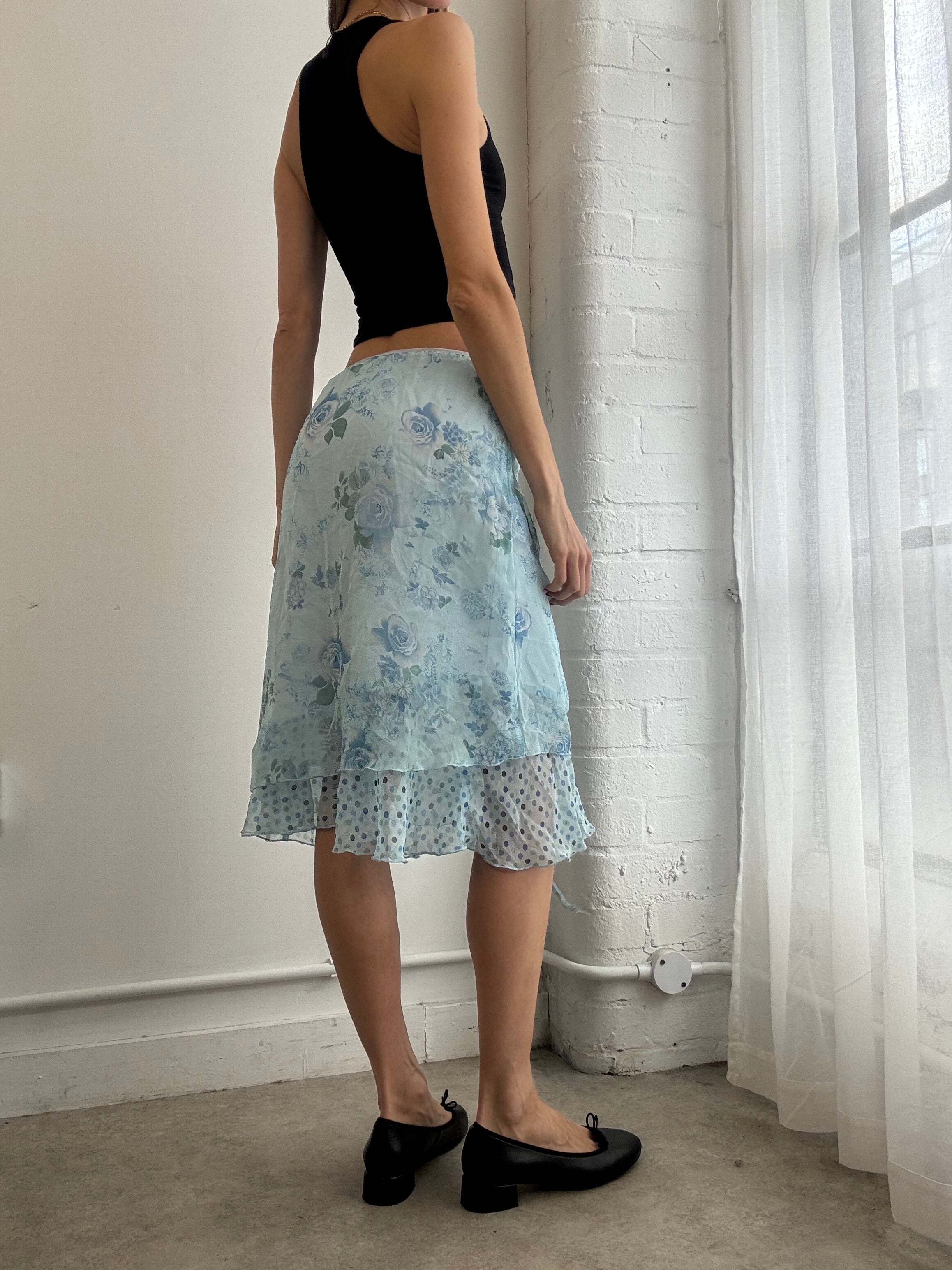 Vintage Y2K blue floral mesh midi skirt