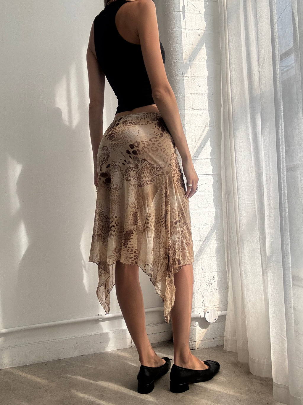 Vintage Y2K Brown Animal Print Asymmetric Mesh Midi Skirt - Size XS/S
