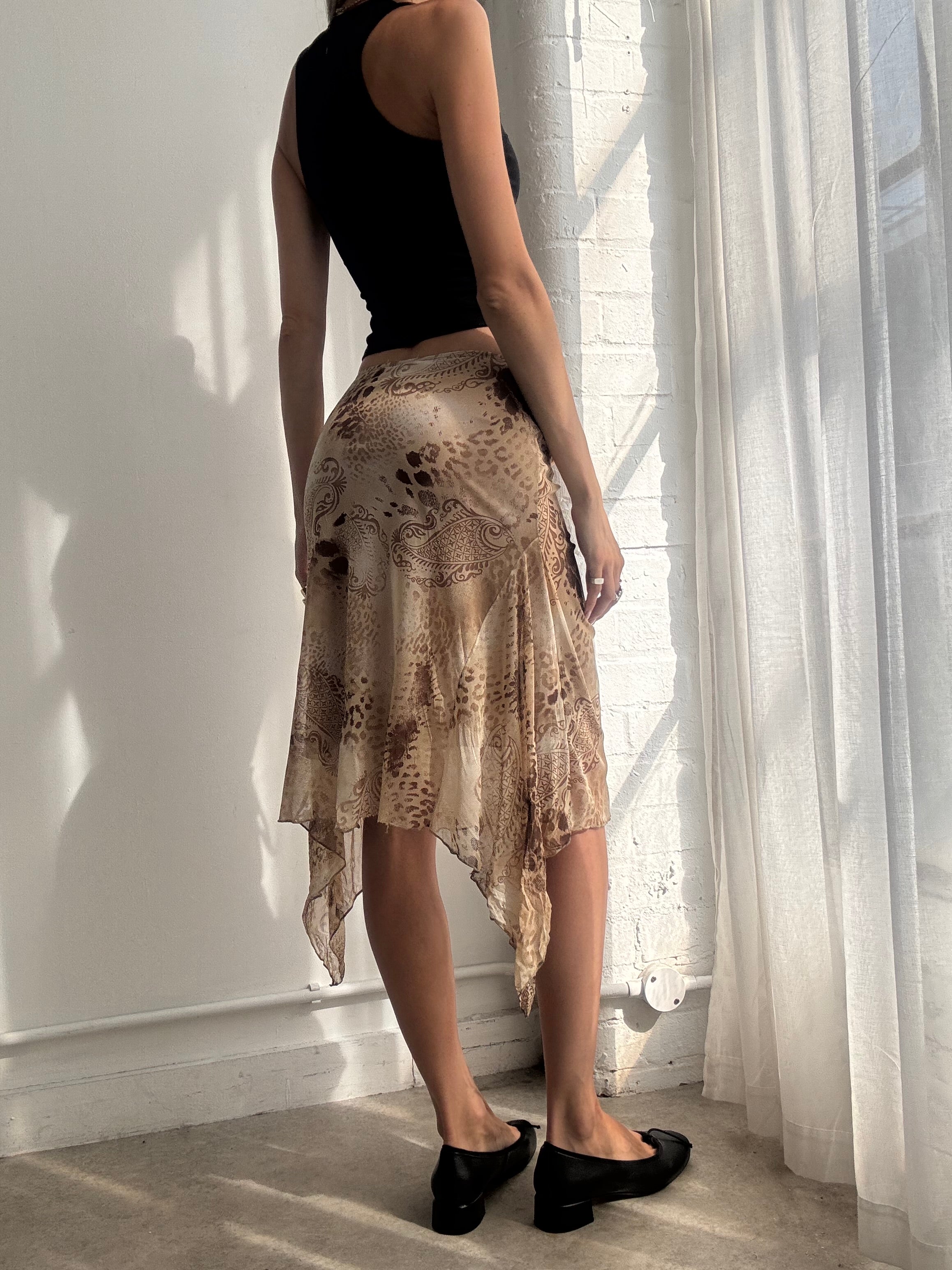 Vintage Y2K Brown Animal Print Asymmetric Mesh Midi Skirt - Size XS/S