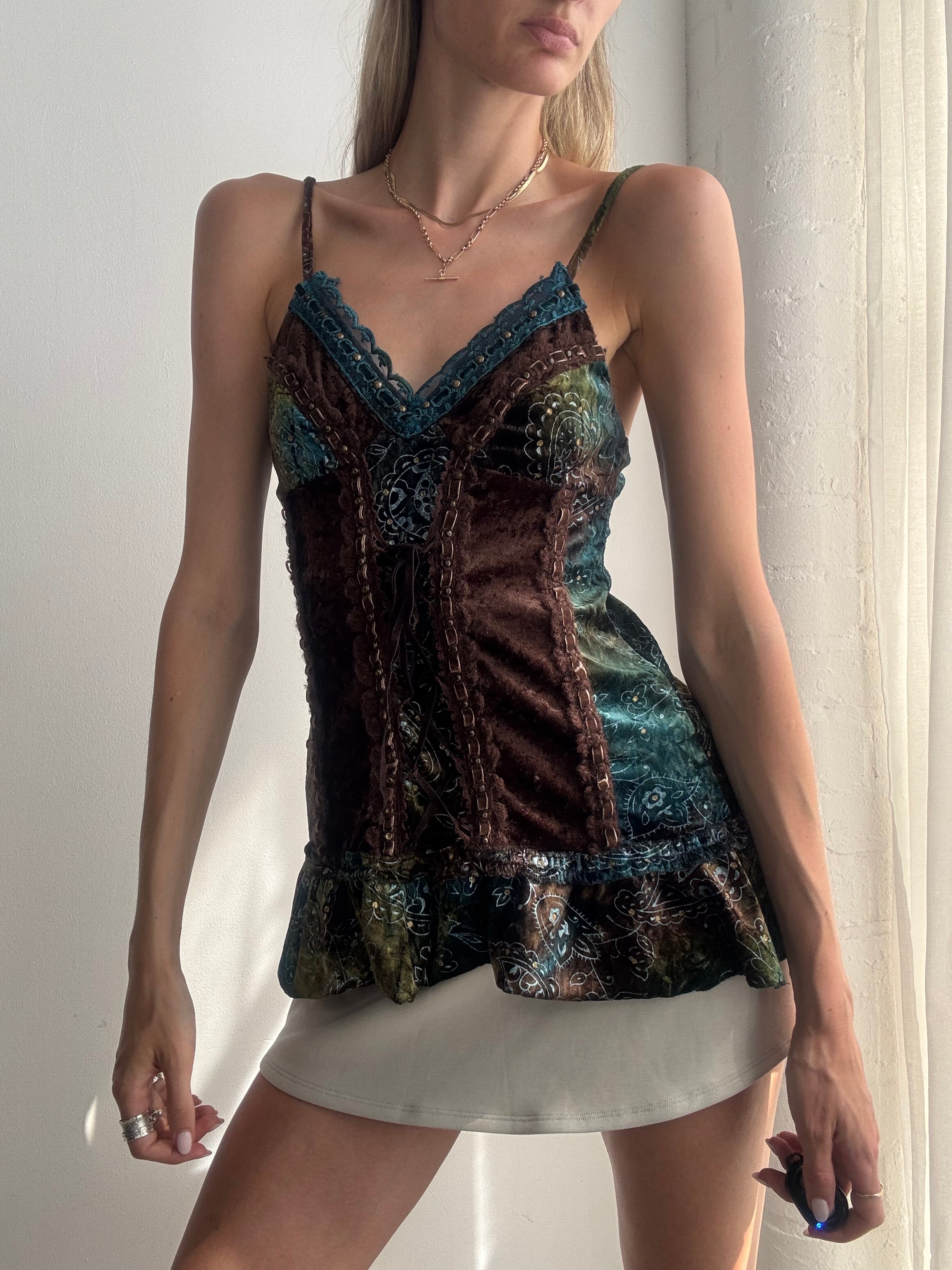 Vintage Y2K Velvet & Lace Paisley Corset Cami Top - Size XS/S