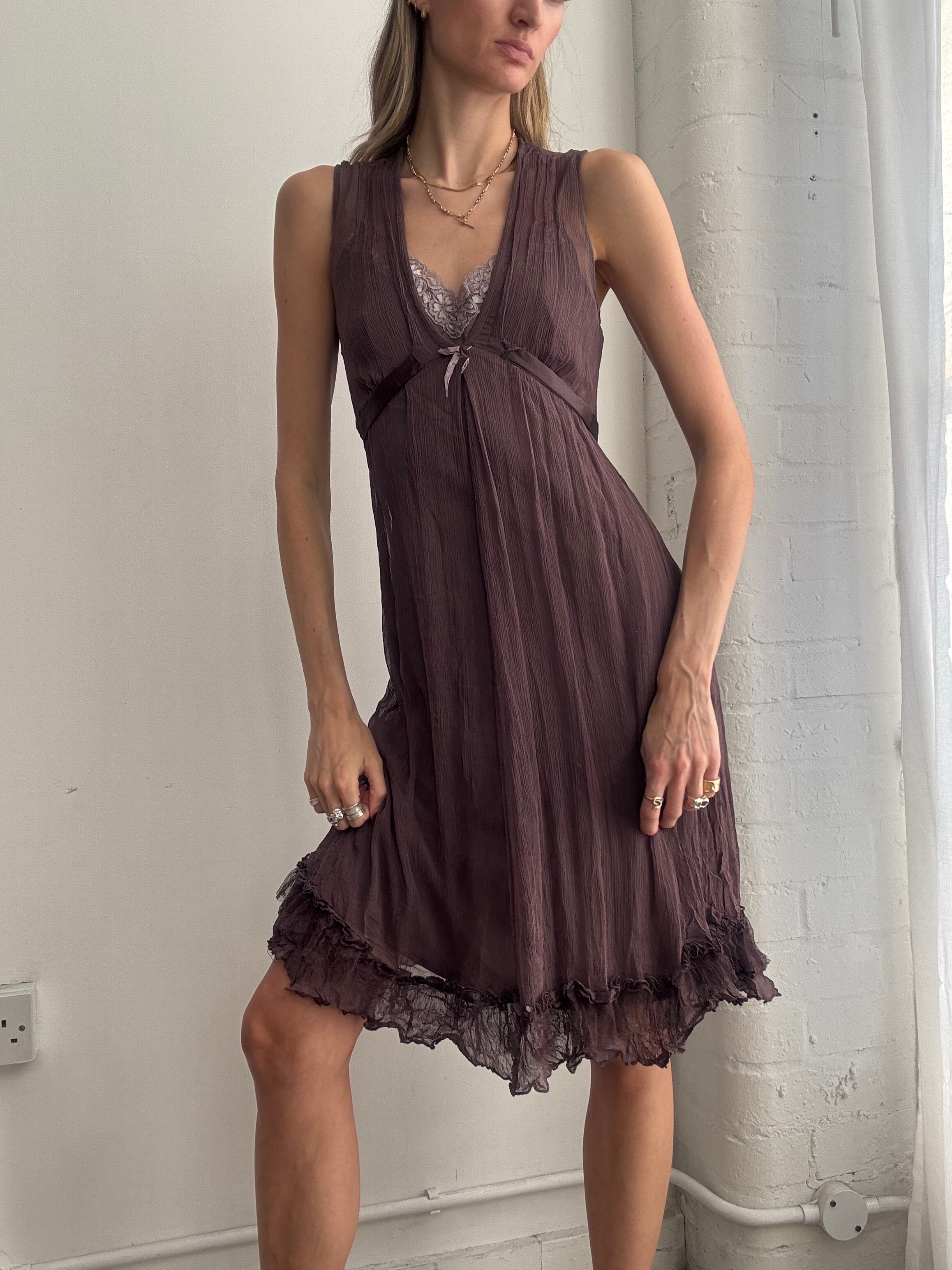 Vintage 90s silk ruffle slip dress plum