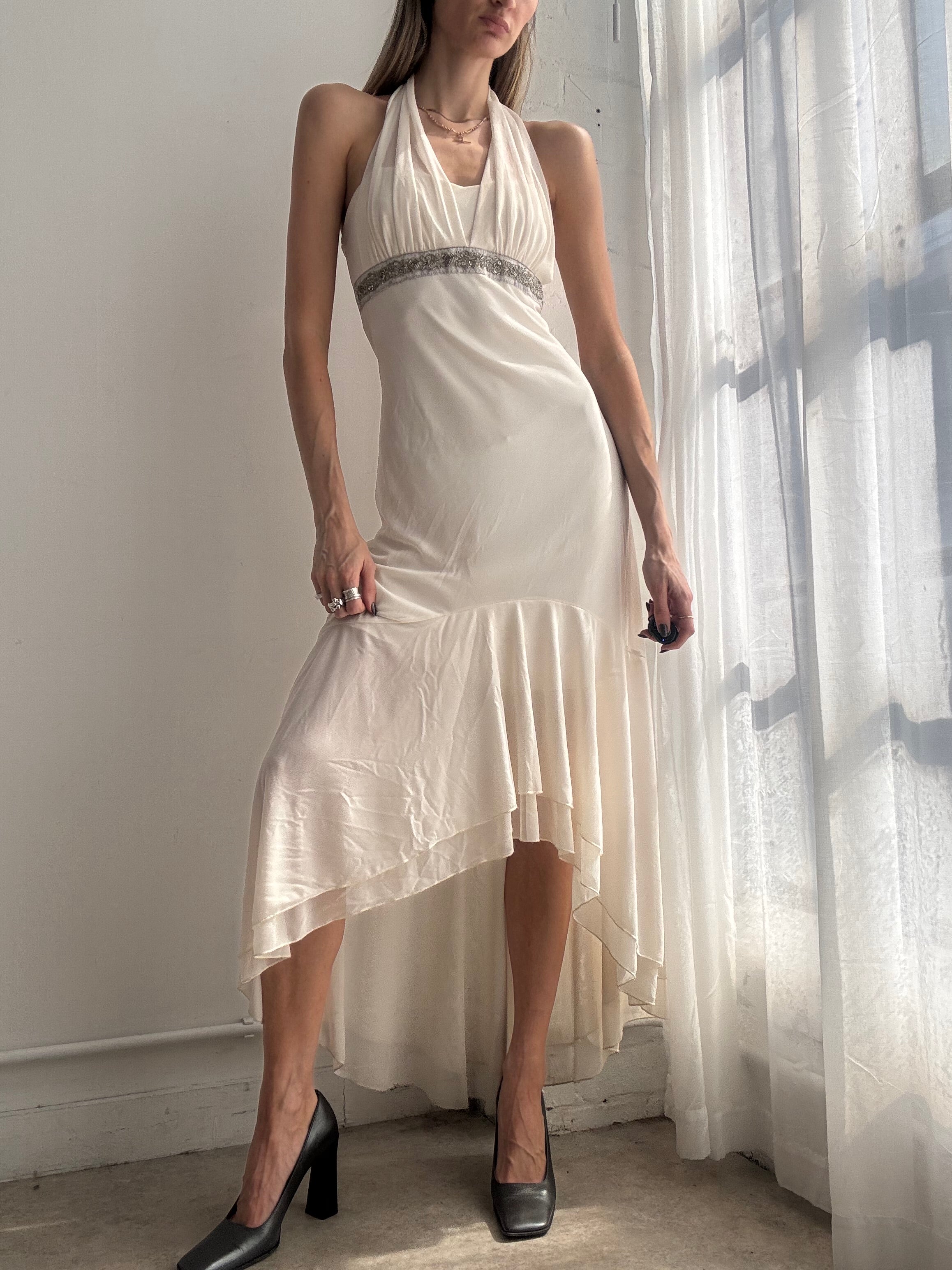 Vintage Y2K cream halter chiffon asymmetrical midi dress - Size L