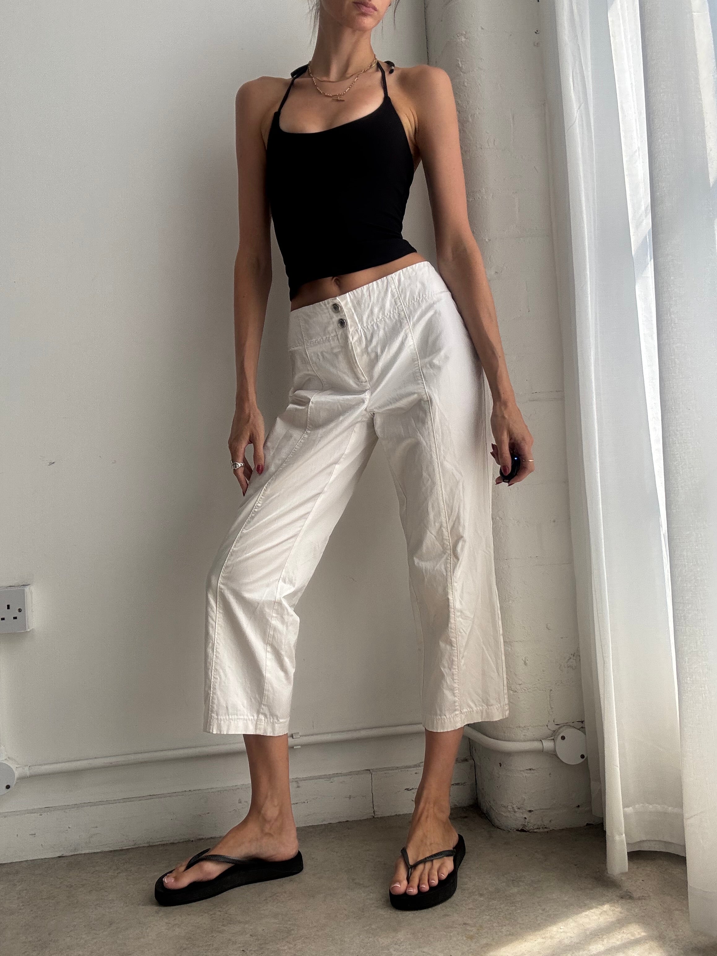 Vintage Y2K White Cropped Cargo Trousers Capri's – Low Rise Utility Pants - Size M