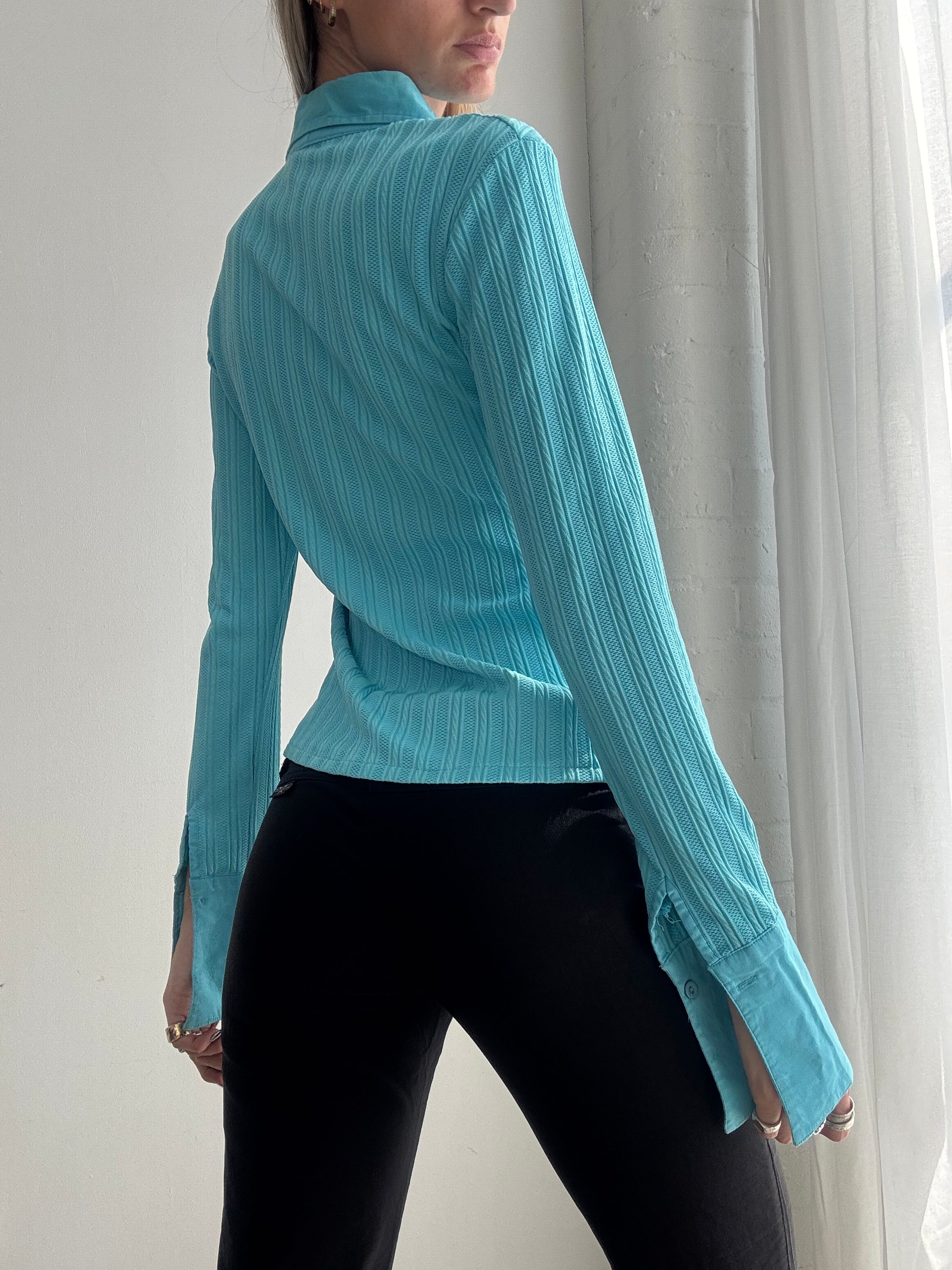 Vintage Y2K Turquoise Crinkle Shirt – Fitted Button Up Blouse - Size M