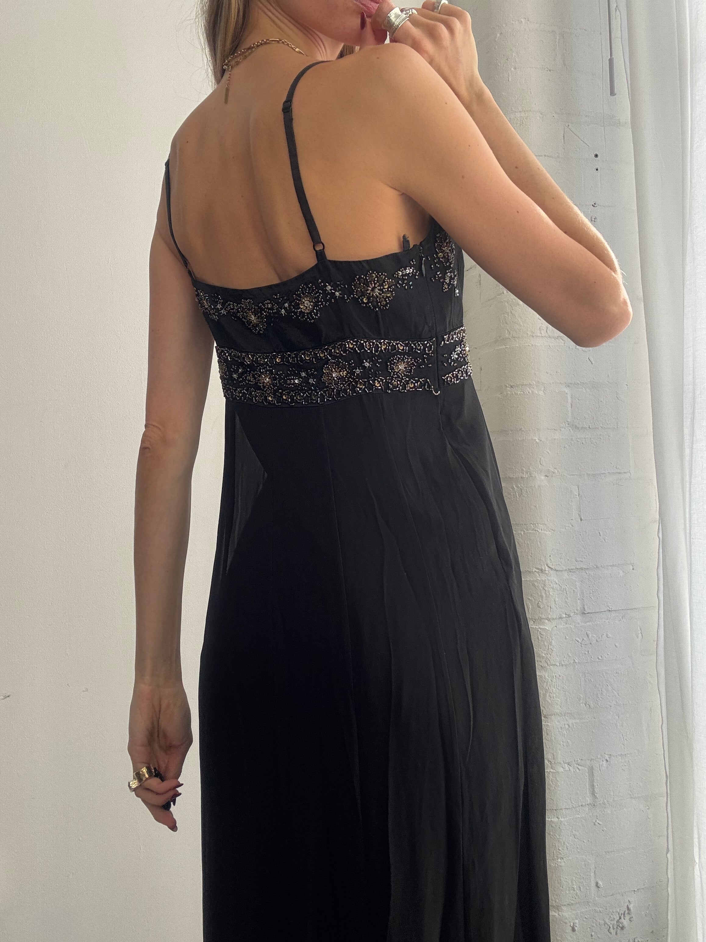Vintage Y2K beaded black mesh slip dress