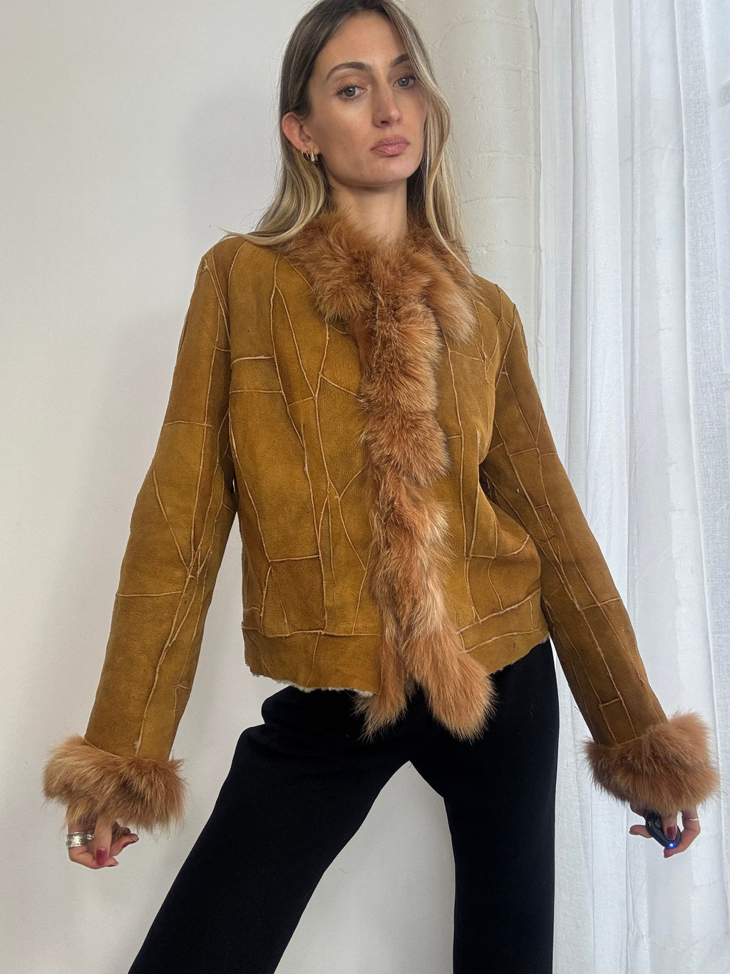 Vintage Y2K patchwork suede Afghan fur trim coat