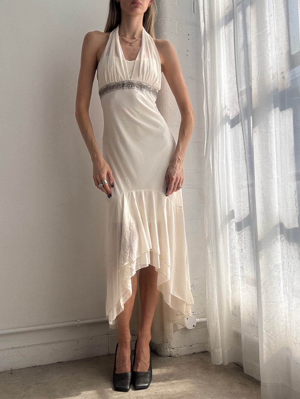 Vintage Y2K cream halter chiffon asymmetrical midi dress - Size L