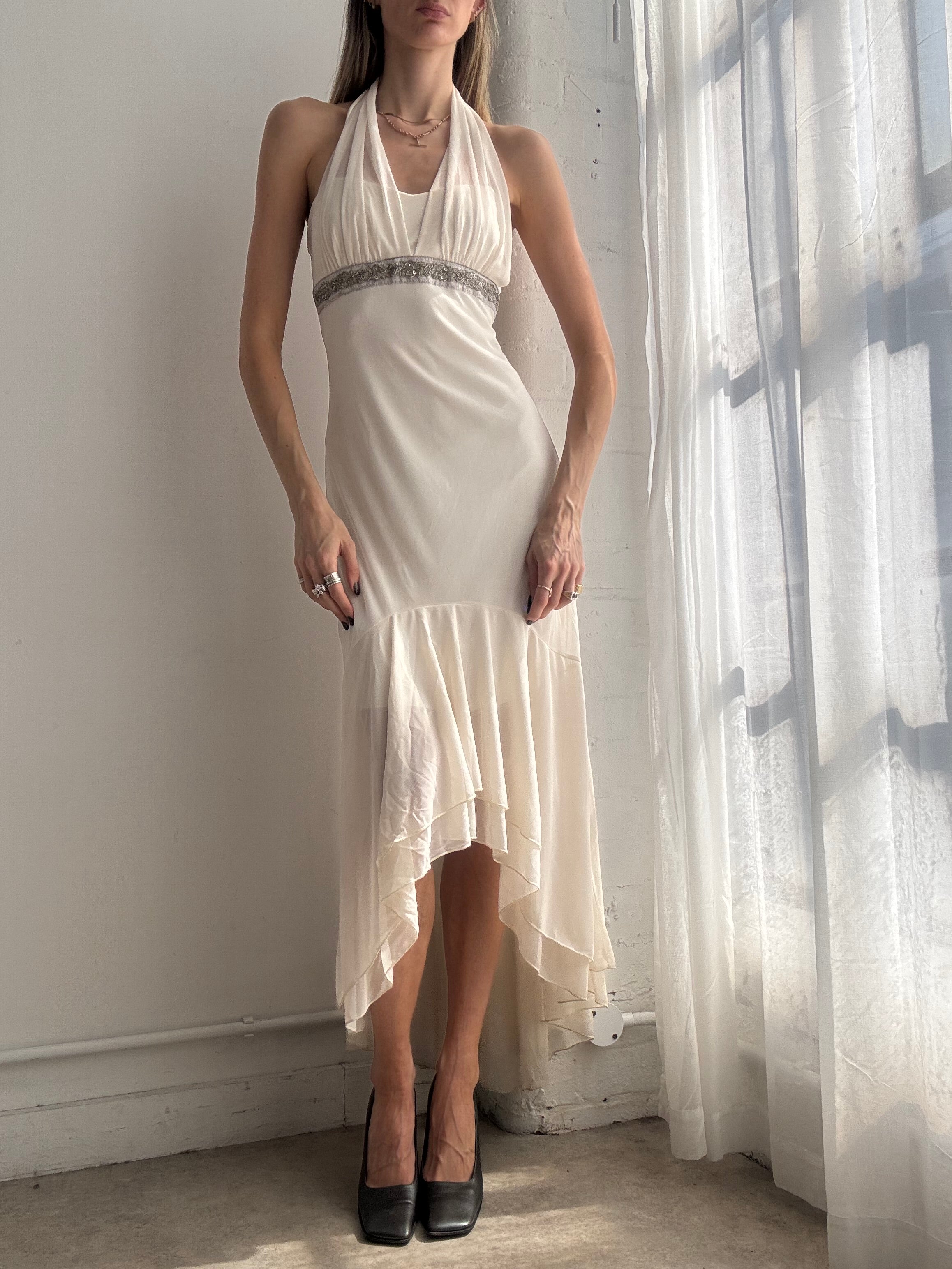 Vintage Y2K cream halter chiffon asymmetrical midi dress - Size L