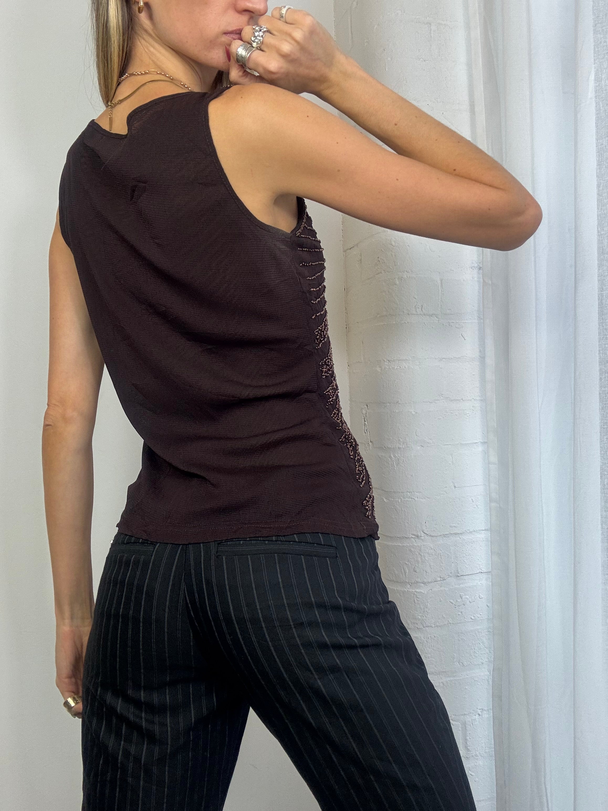Vintage Y2K brown mesh beaded tank top