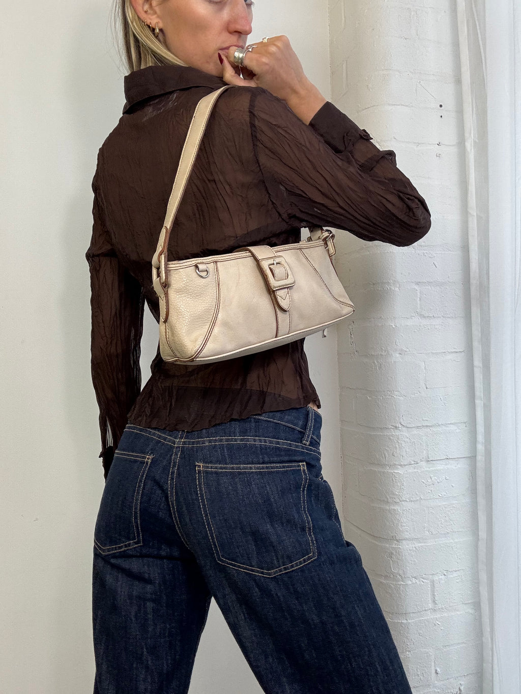 Vintage Y2K brown sheer mesh ruffle shirt