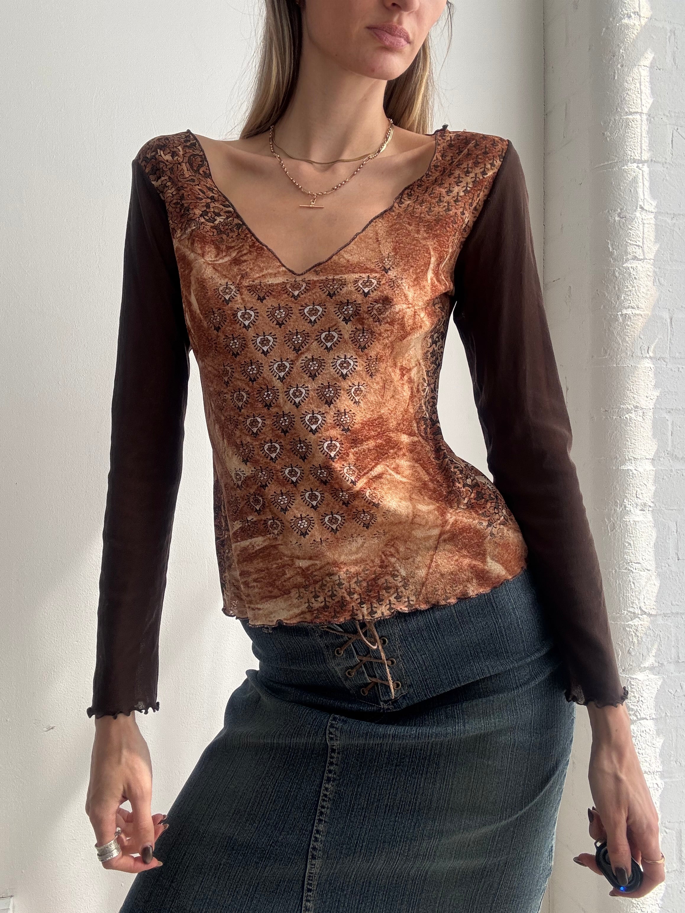 Vintage Y2K brown mesh paisley long sleeve top - Size S