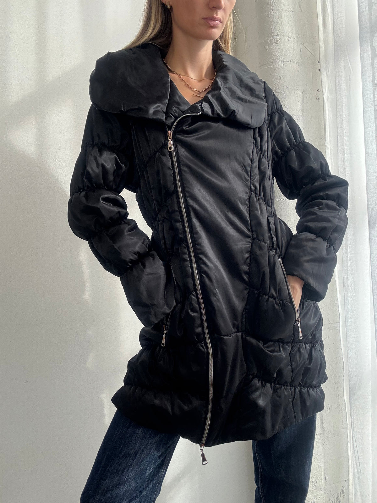 Vintage Y2K Black Longline Puffer Asymmetric Jacket - Size M