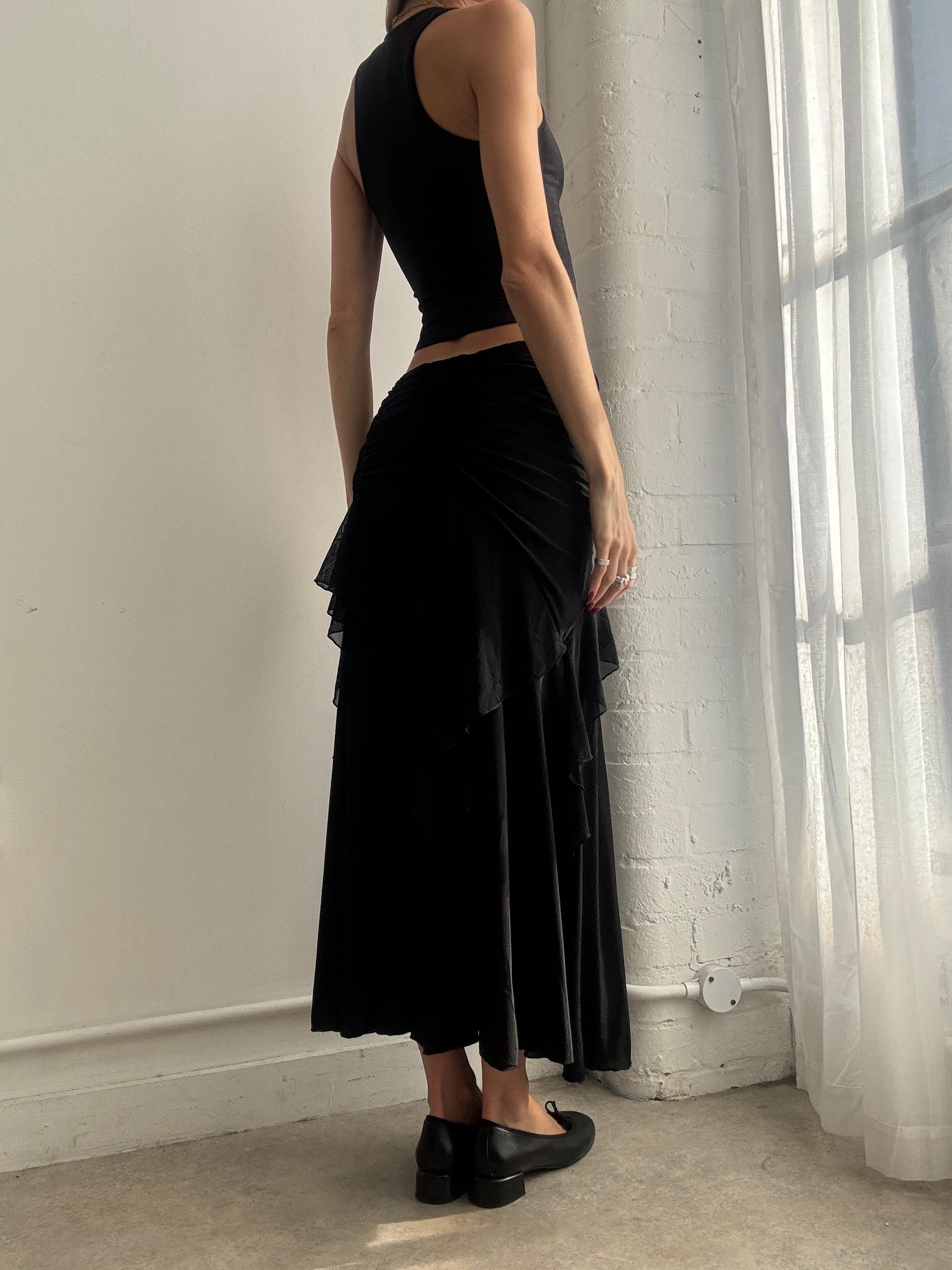 Vintage Y2K black ruched slinky maxi skirt