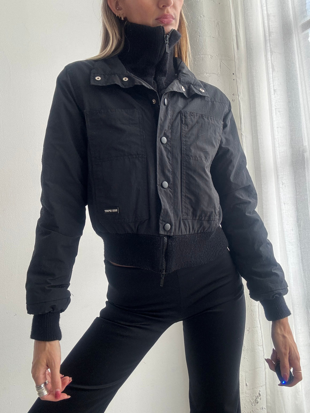 Vintage Y2K Black Cropped Utility Bomber Jacket - Size XS-S