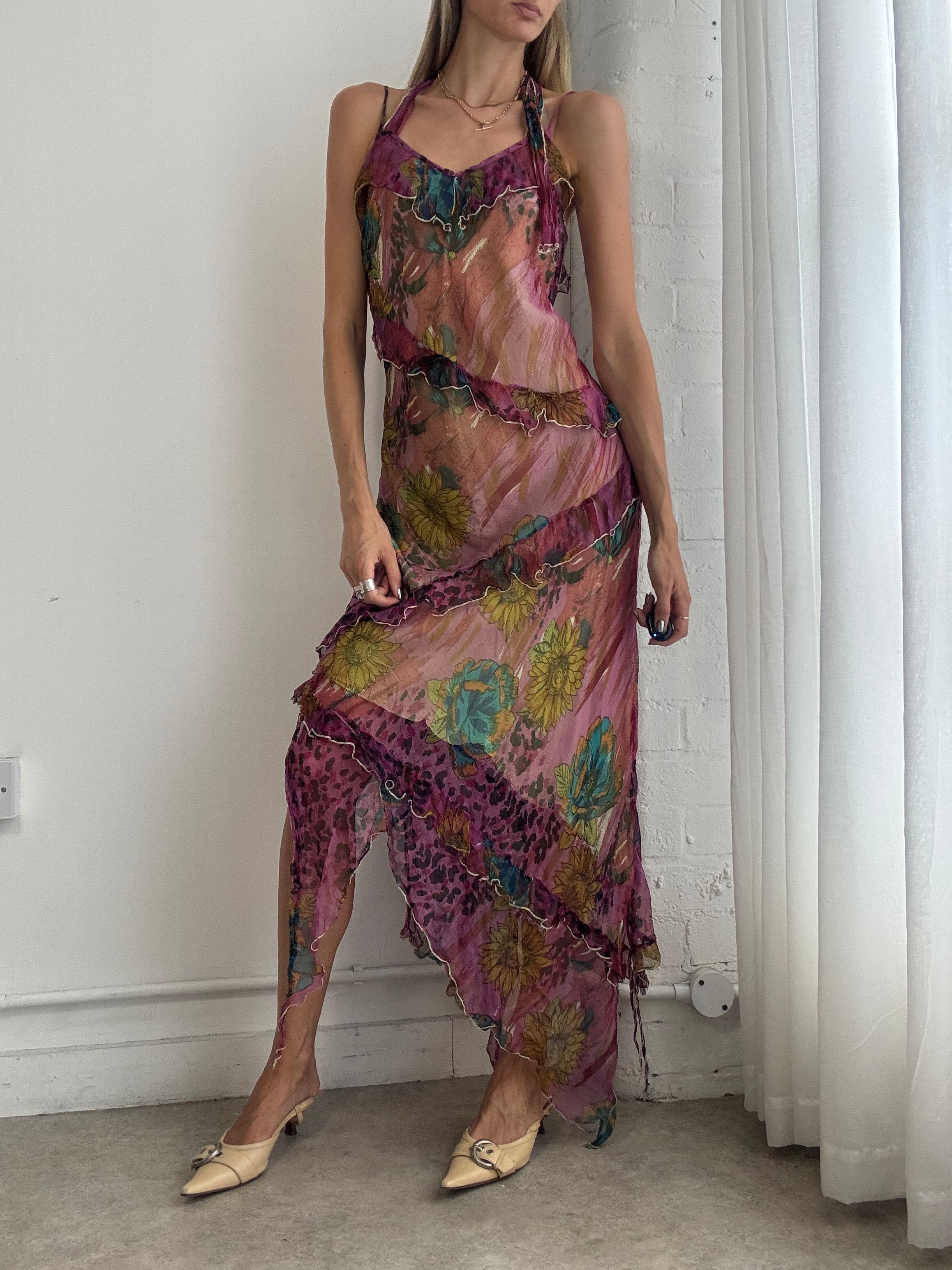 Vintage Y2K Floral Mesh Asymmetric Maxi Dress – Fairy Grunge Sheer Slip Dress - Size M
