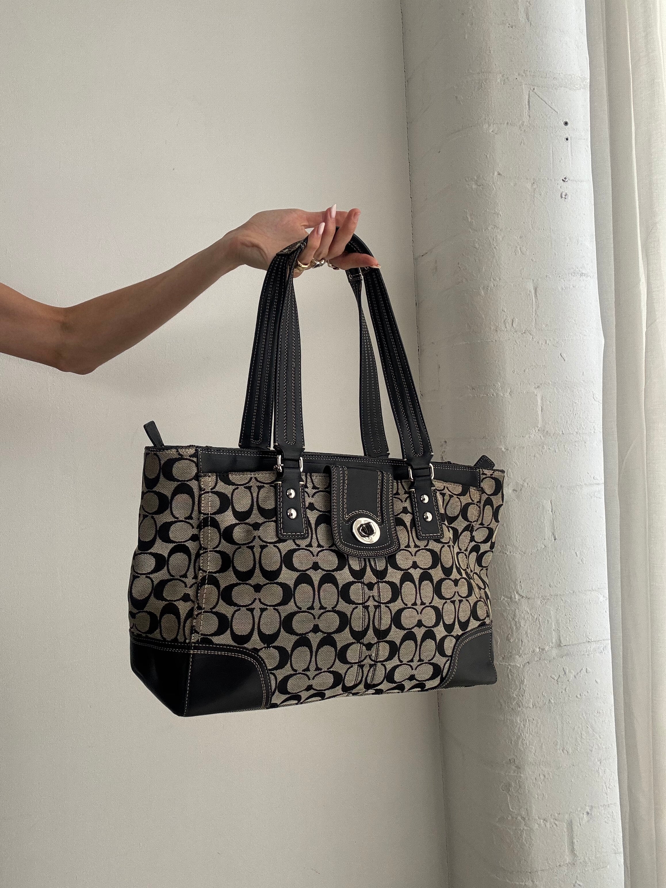 Vintage Y2K Coach Signature Tote Bag – Black Monogram Canvas & Leather Shopper