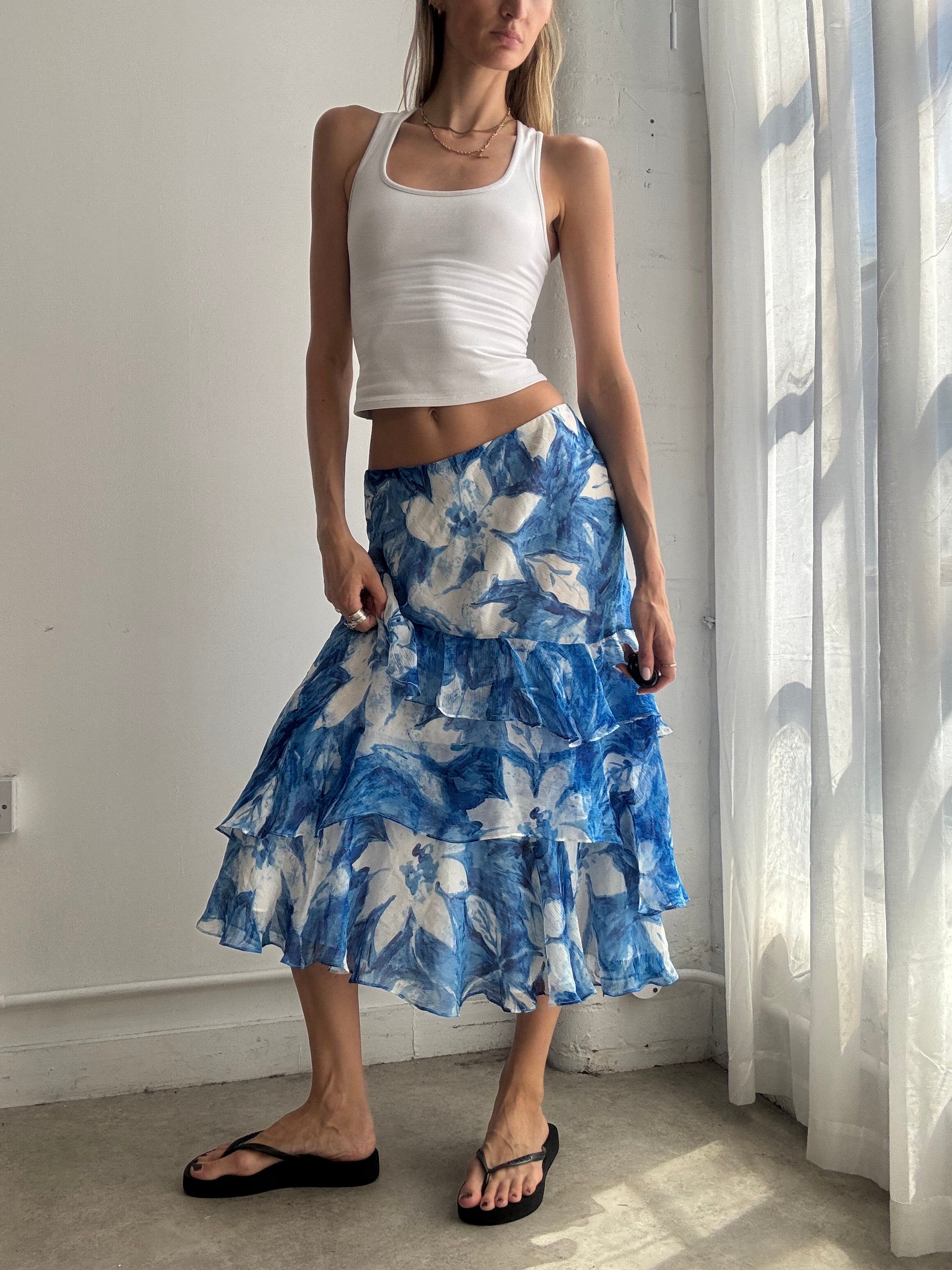 Vintage Ralph Lauren 100% Silk Blue Tropical Floral Ruffle Maxi Skirt Y2K - Size L