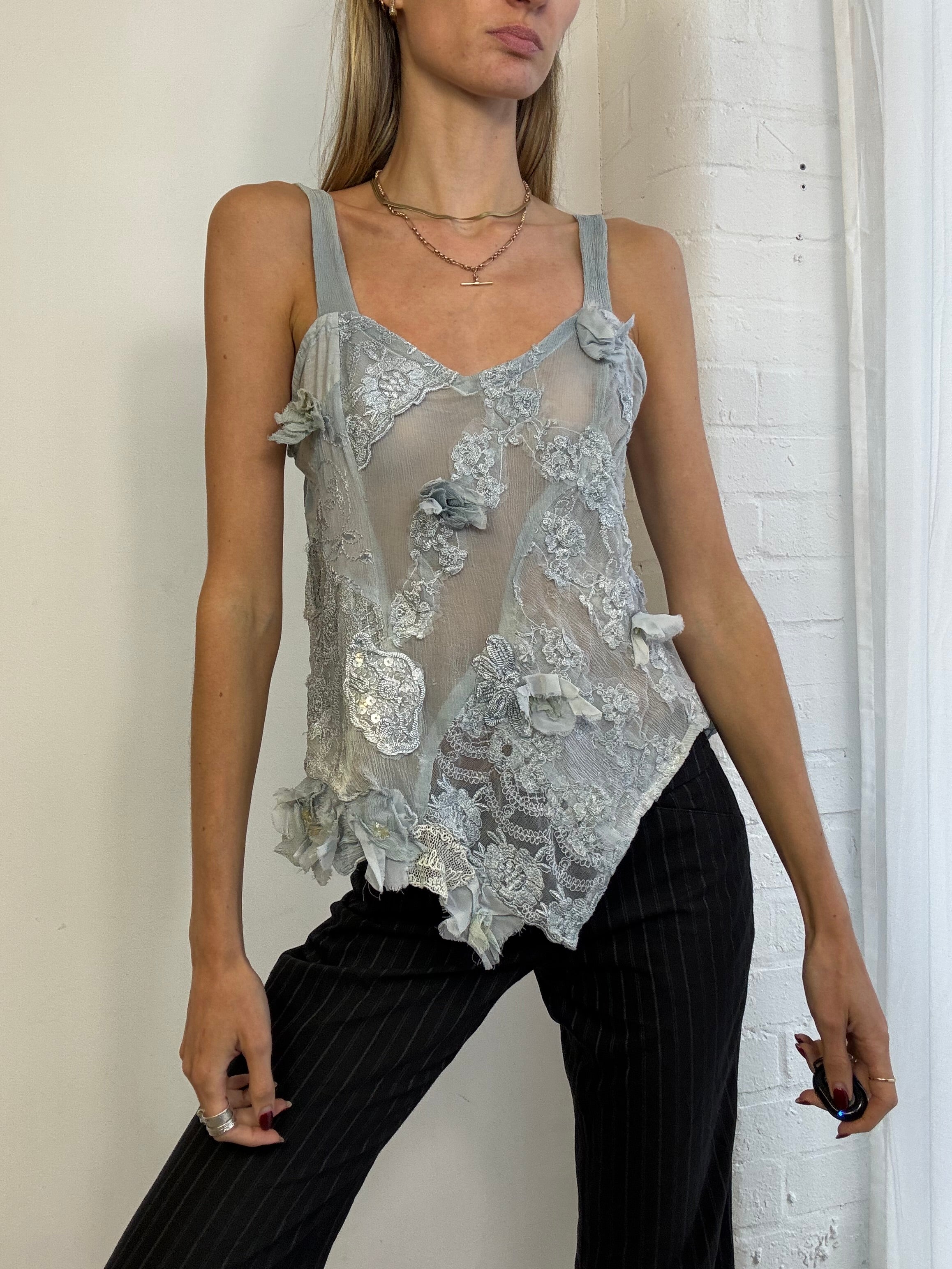 Vintage 90s silk & lace asymmetric ruffle cami top
