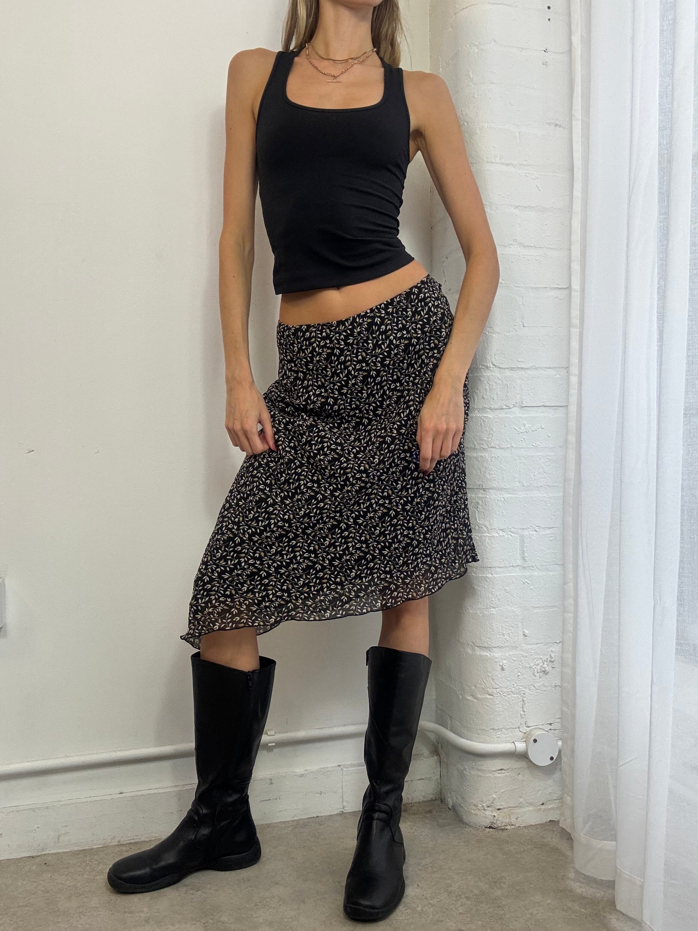 vintage Y2K floral mesh asymmetric midi skirt black
