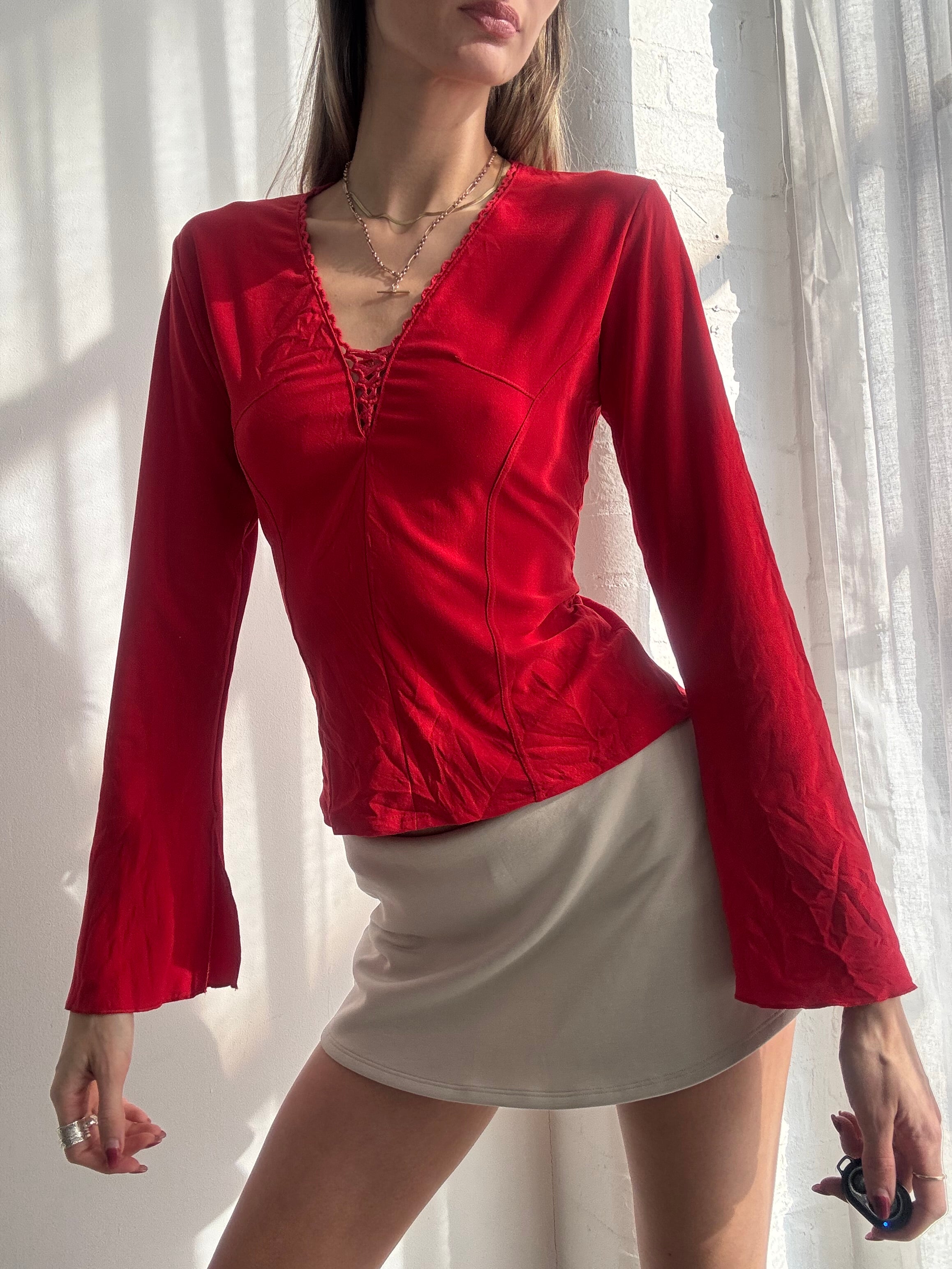 Vintage Y2K red mesh flare sleeve top
