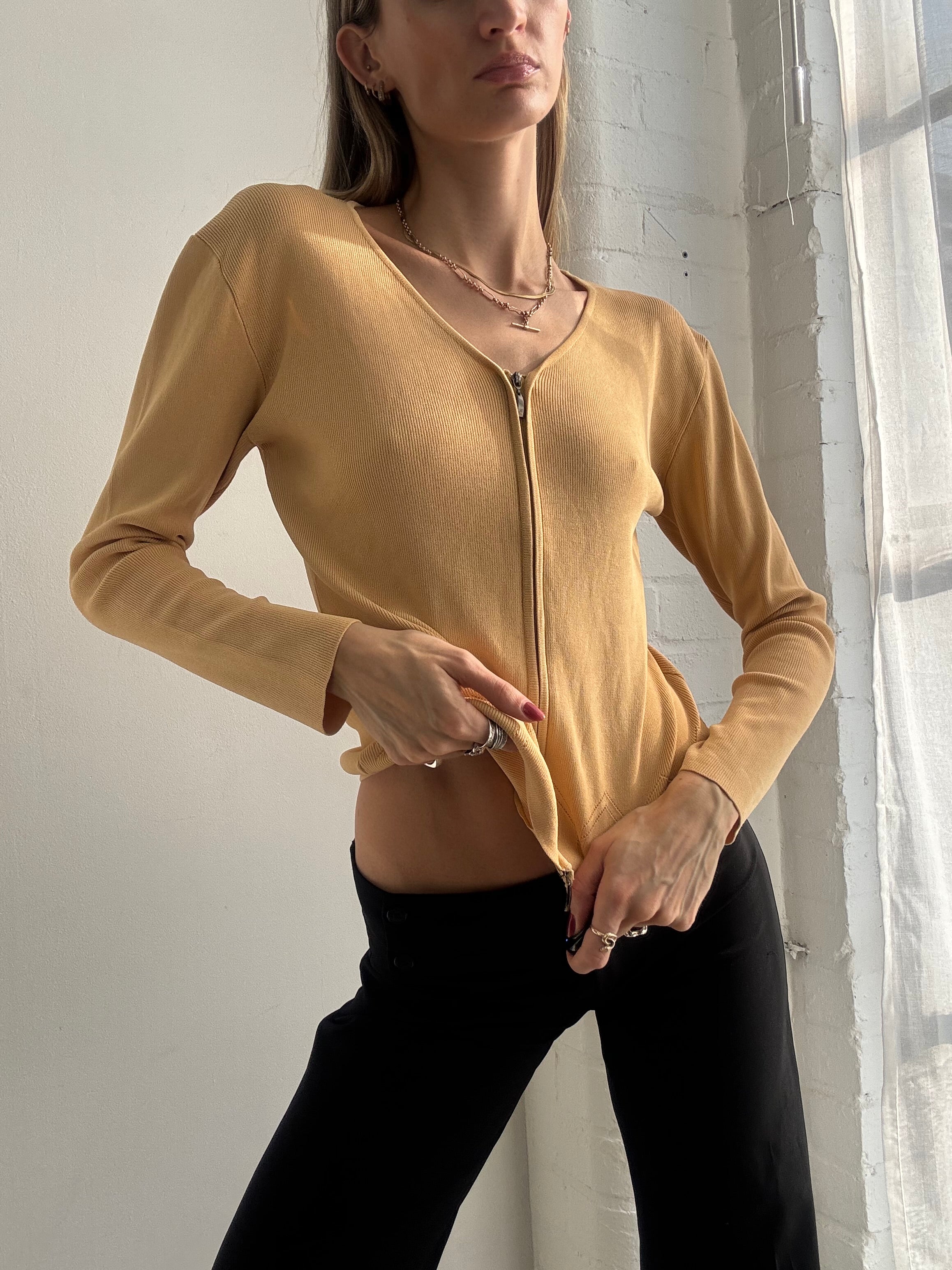 Vintage Y2k Dual Zip Ribbed Knitted Top Jumper Yellow