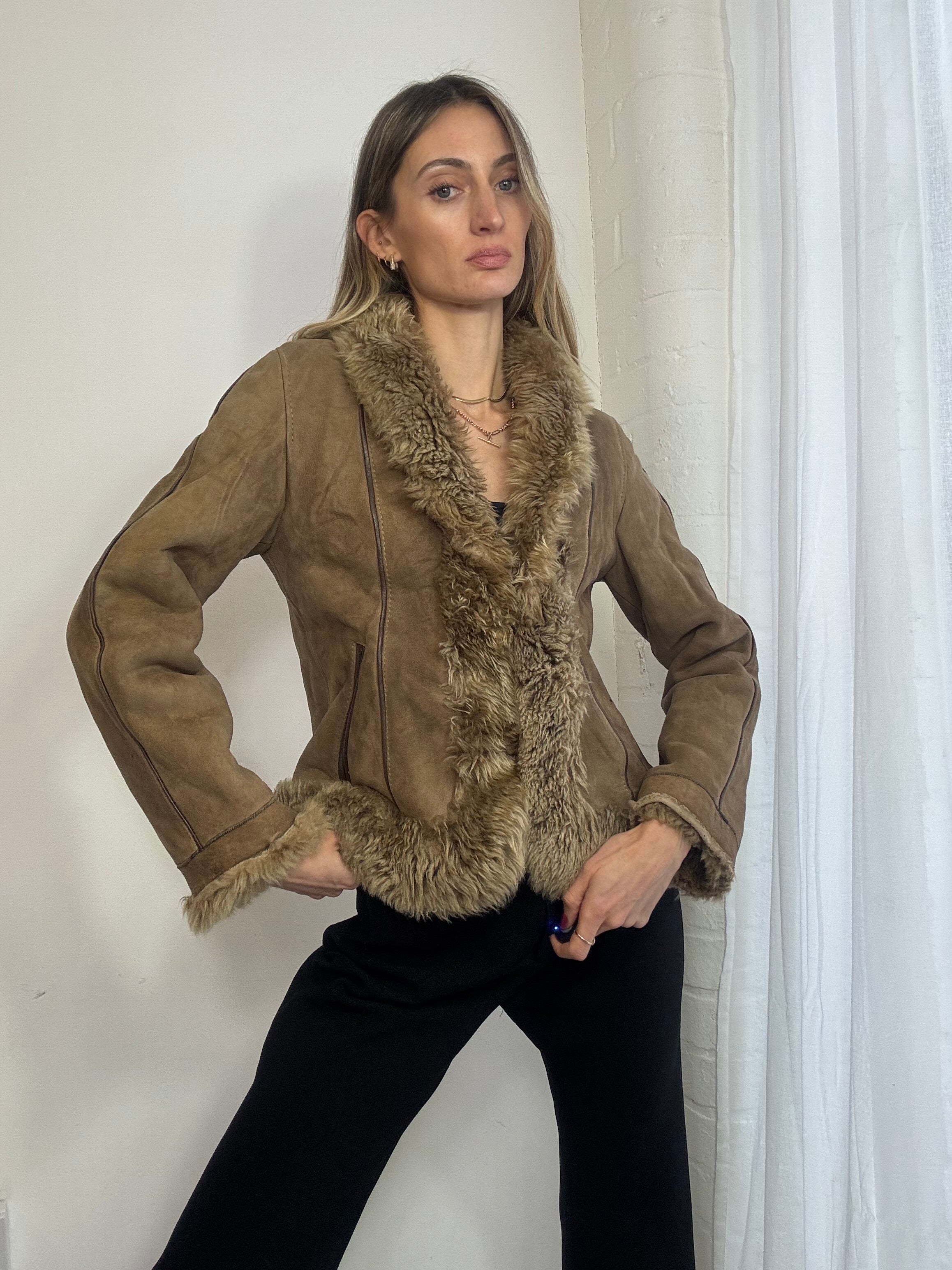 Vintage 90s brown suede sheepskin shearling coat