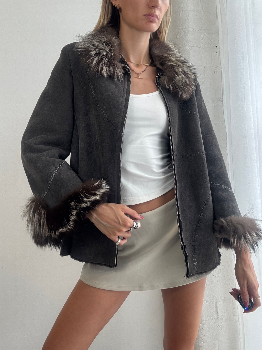 Vintage Y2k Grey Suede Real Fur Trim Zip Up Jacket - Size M