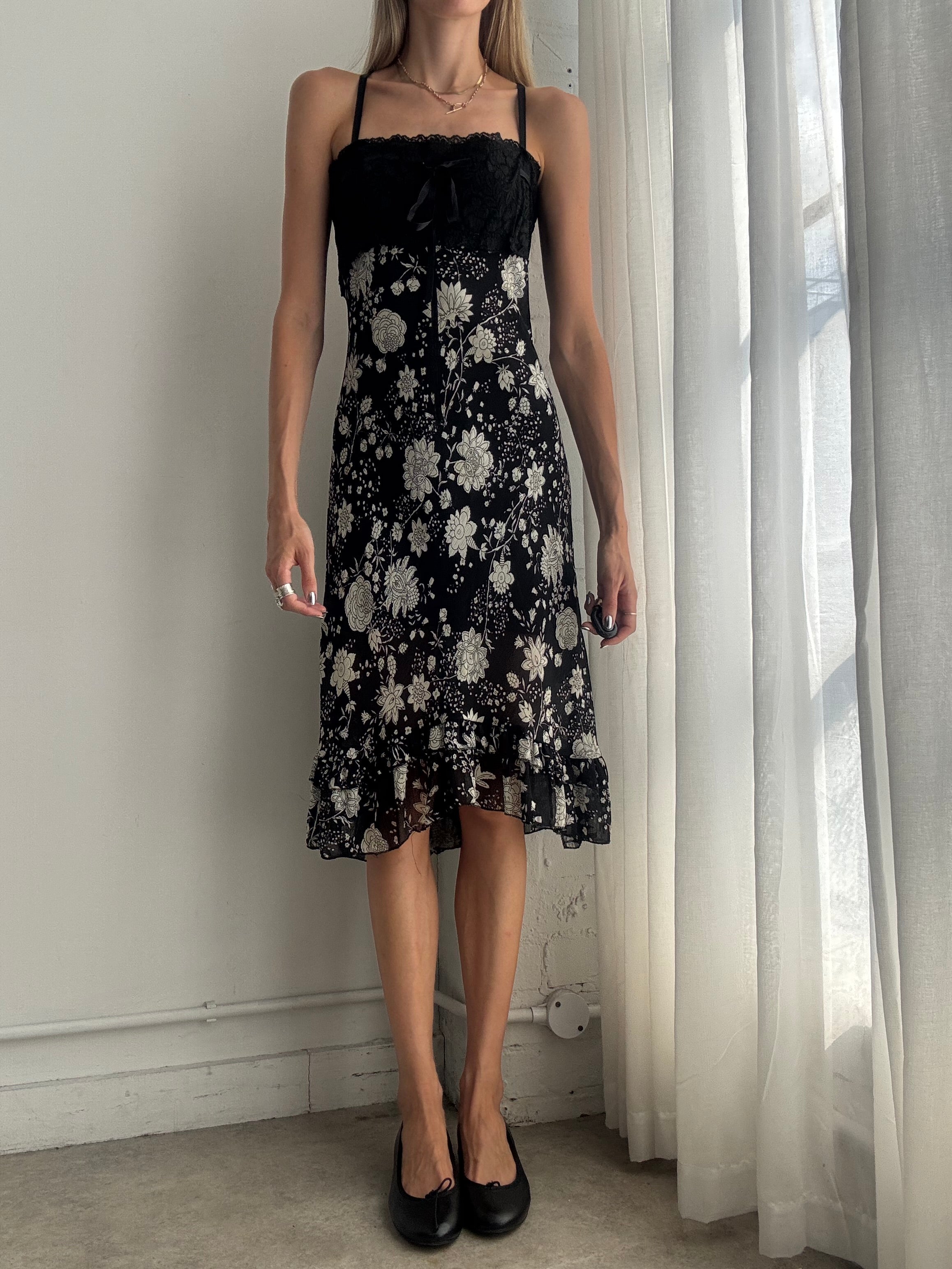 Vintage Y2K Black & White Floral Mesh & Lace Midi Dress – Size M