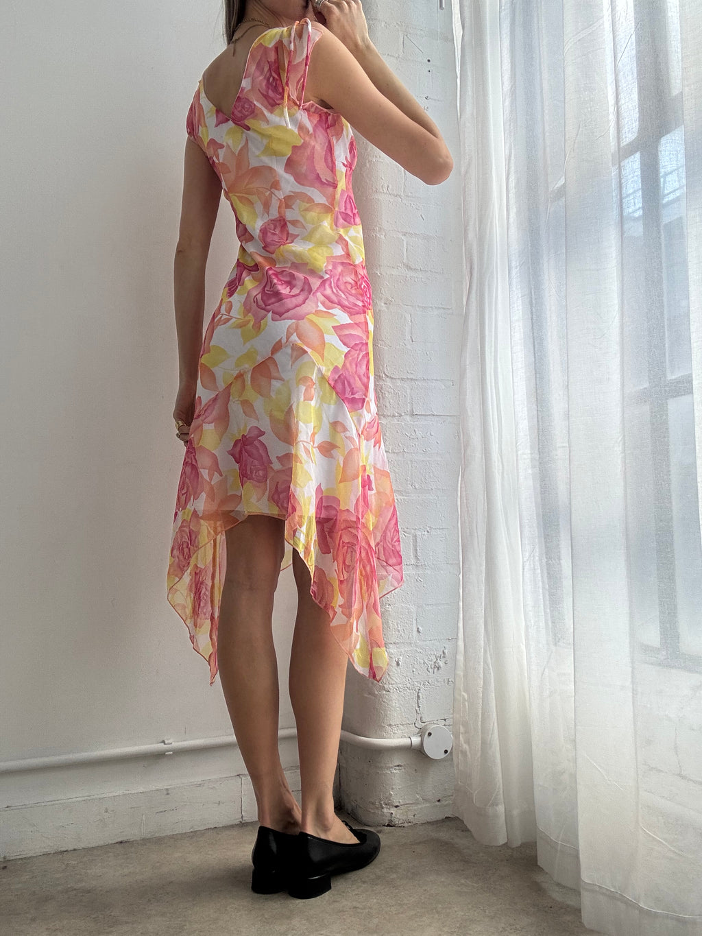 Vintage Y2K pastel floral asymmetrical mesh midi dress - size XS