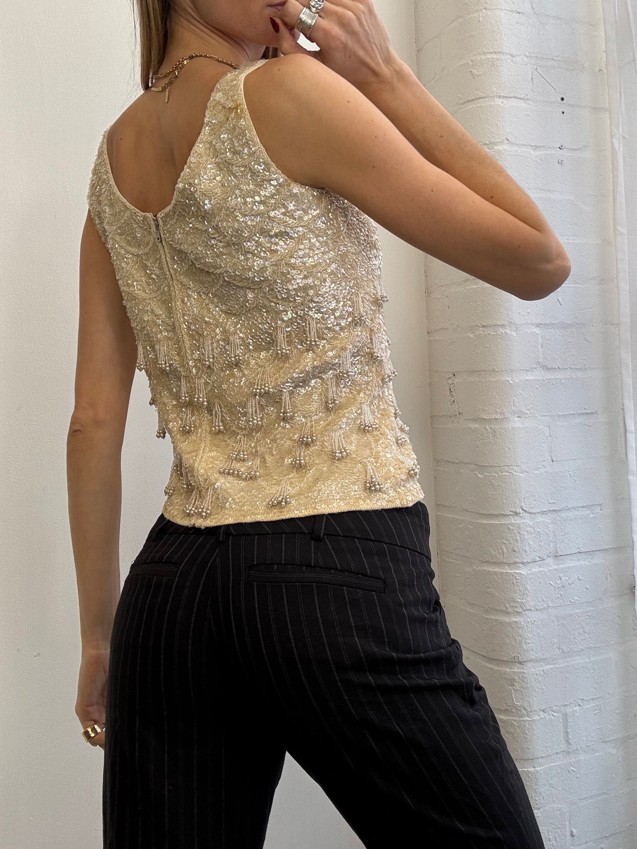 Vintage 90s cream beaded boat neck top