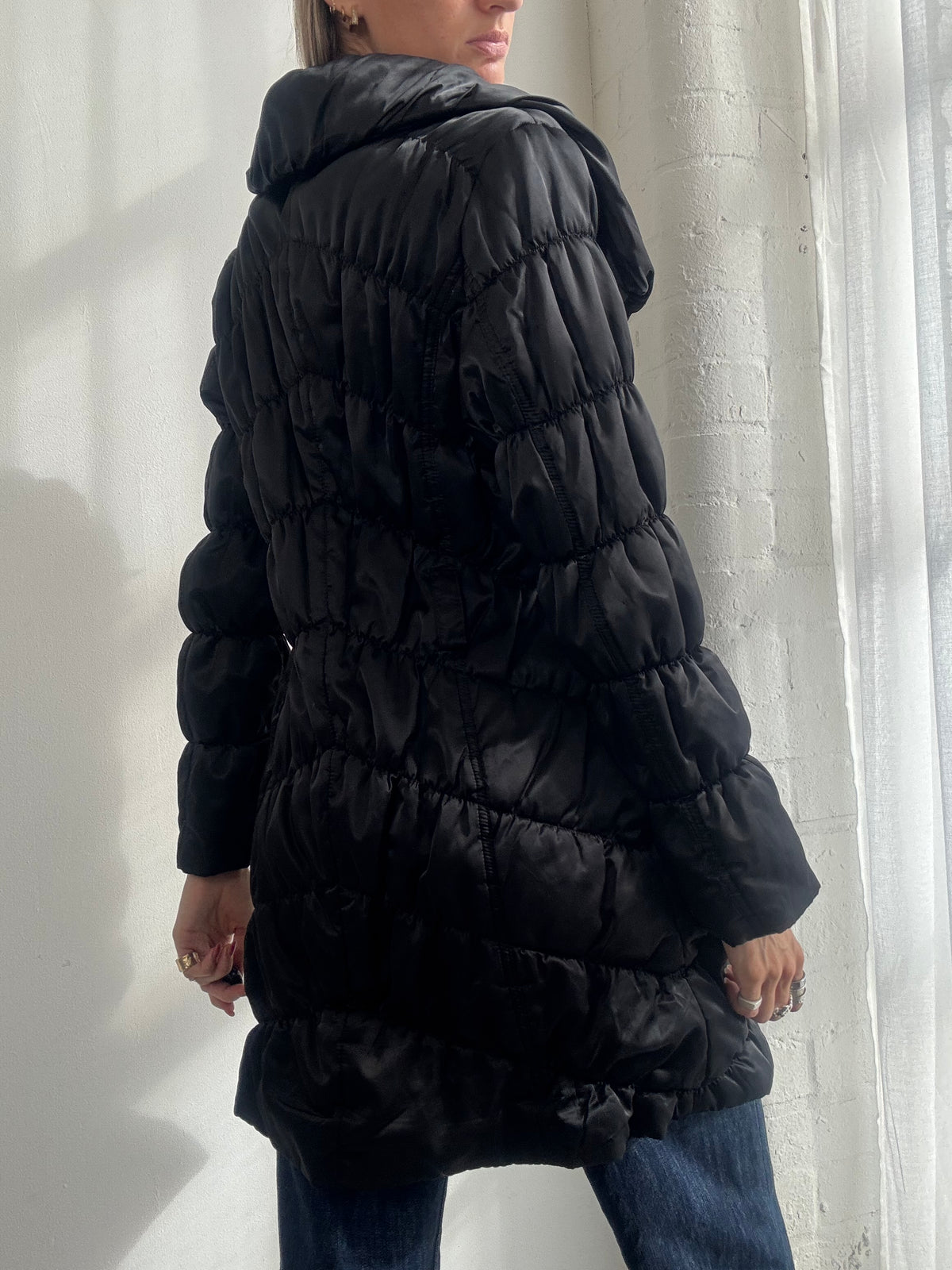 Vintage Y2K Black Longline Puffer Asymmetric Jacket - Size M